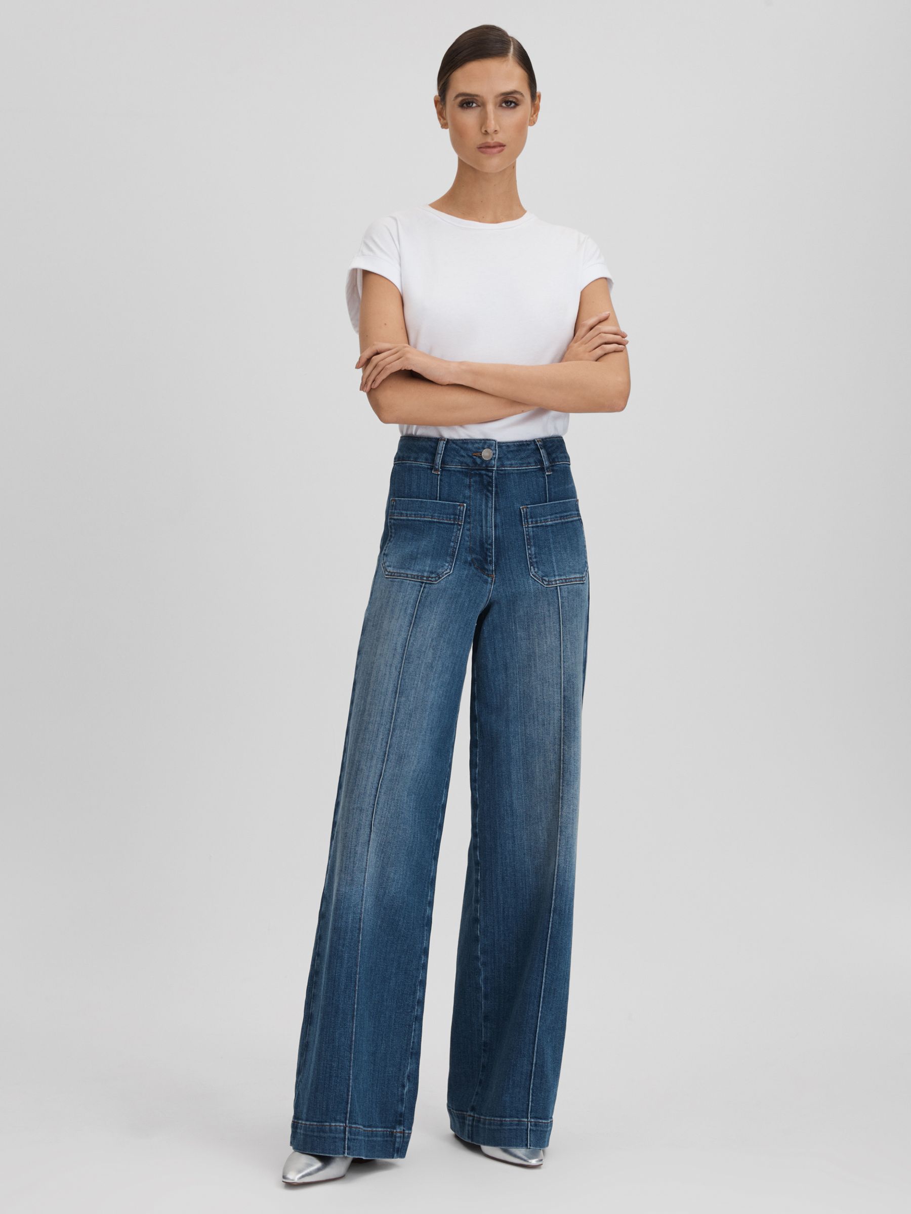 Petite Front Pocket Wide Leg Jeans in Mid Blue - Image 1 of 7