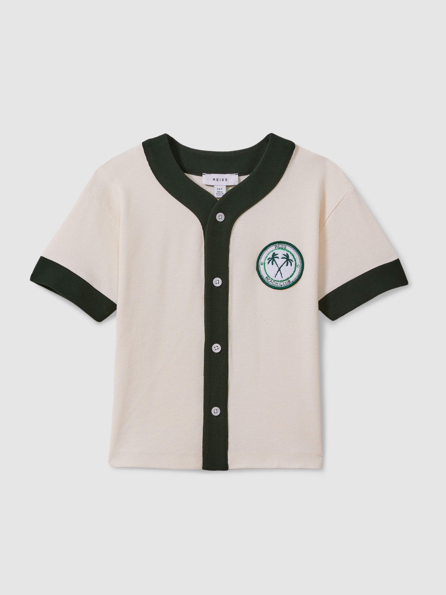 13-14 yrs Textured Cotton Baseball Shirt in Ecru/Green - Image 1 of 4