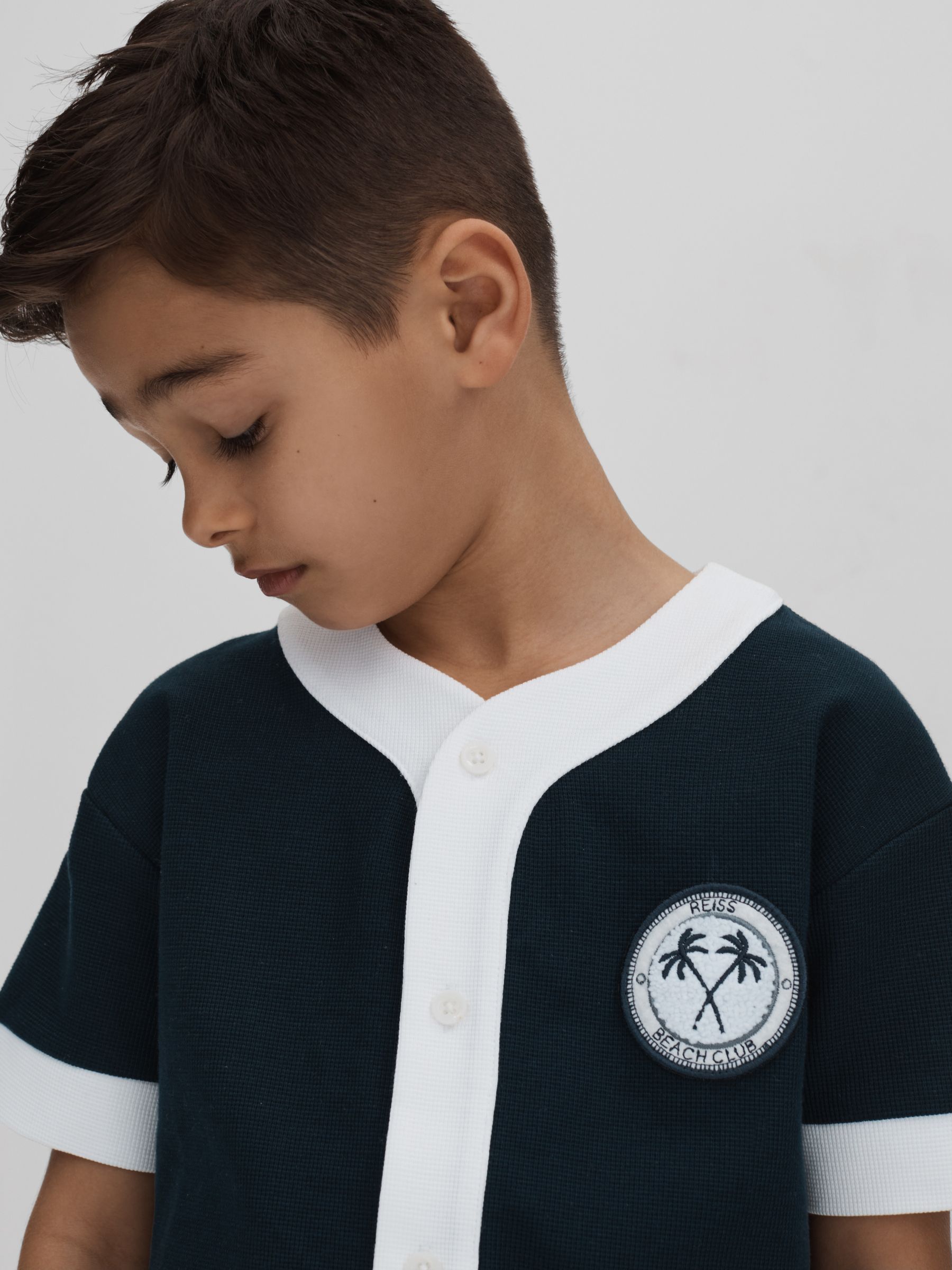 13-14 yrs Textured Cotton Baseball Shirt in Navy/White - Image 2 of 4