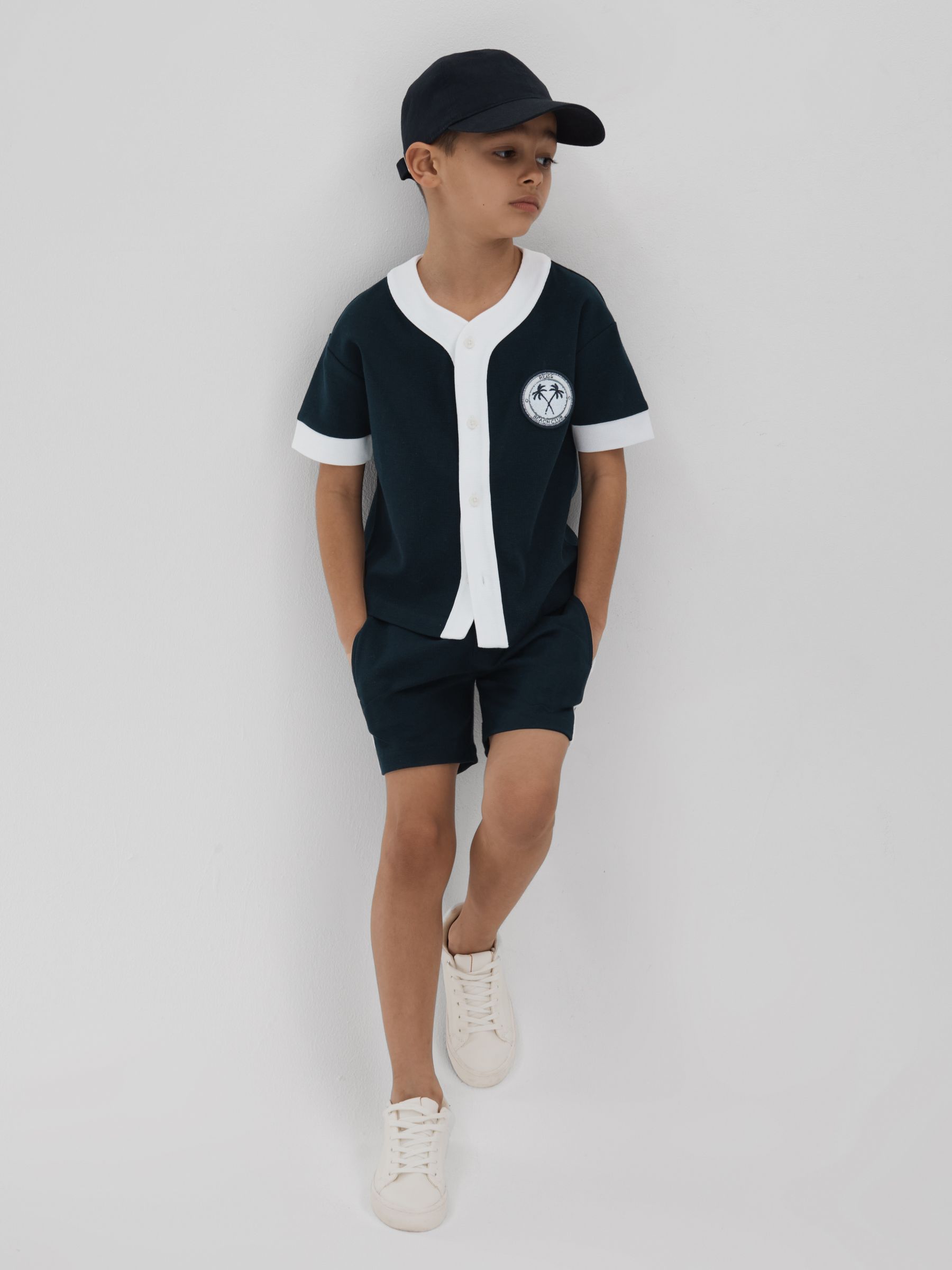 13-14 yrs Textured Cotton Baseball Shirt in Navy/White - Image 3 of 4