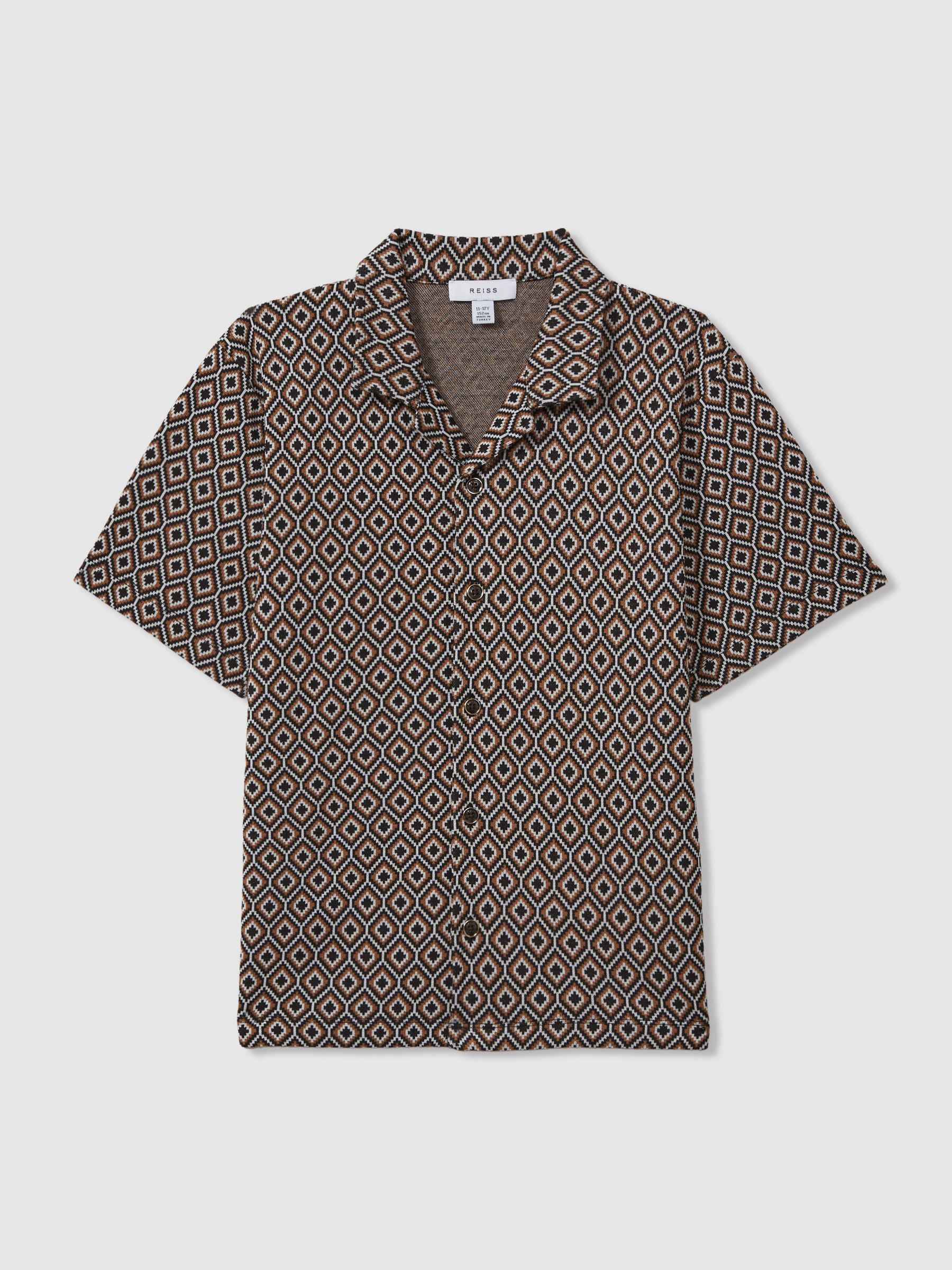 13-14 yrs Jacquard Cuban Collar Shirt in Tobacco Multi - Image 1 of 4