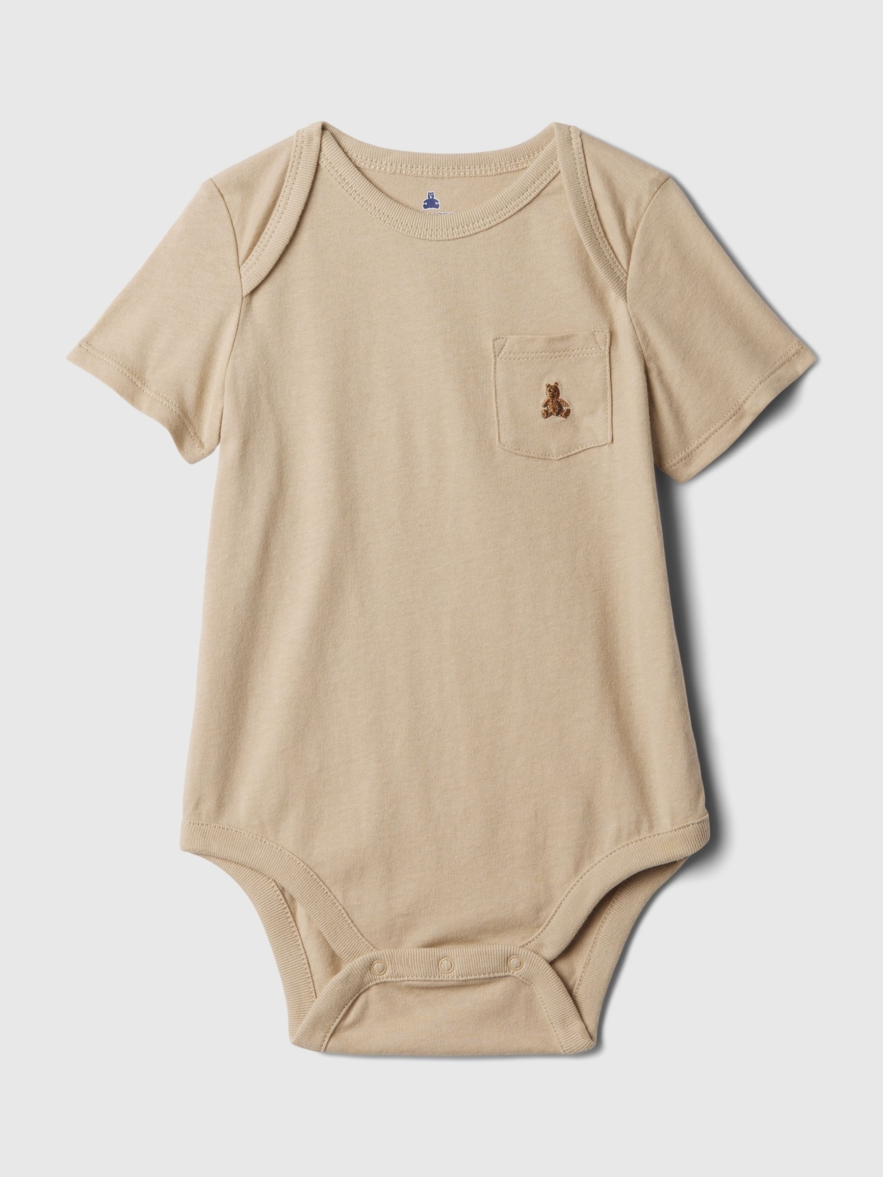 Beige Embroidered Brannan Bear Pocket Short Sleeve Bodysuit (Newborn-24mths) - Image 1 of 1