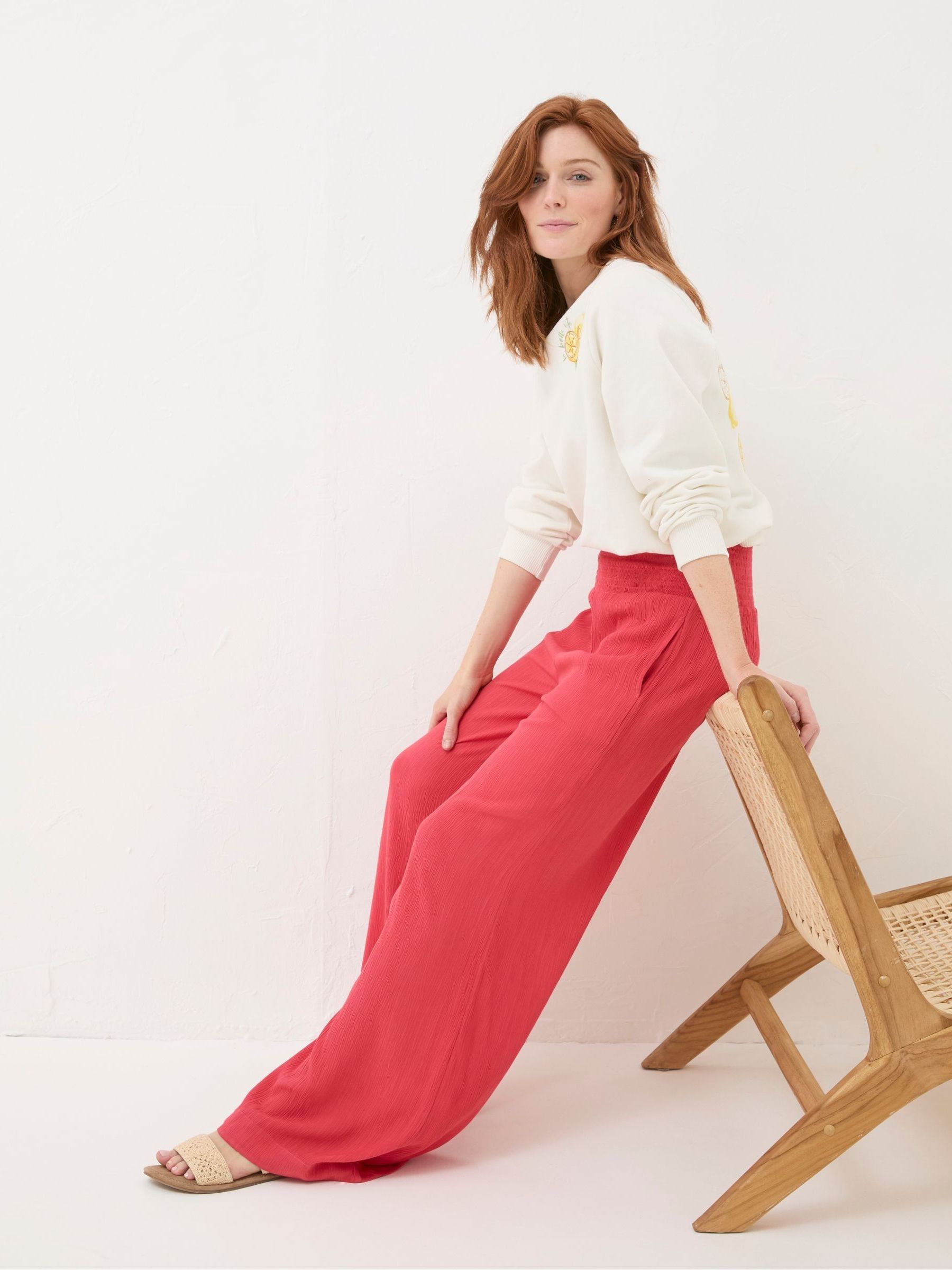 Red Shirred Wide Leg Palazzo Trousers - Image 3 of 5