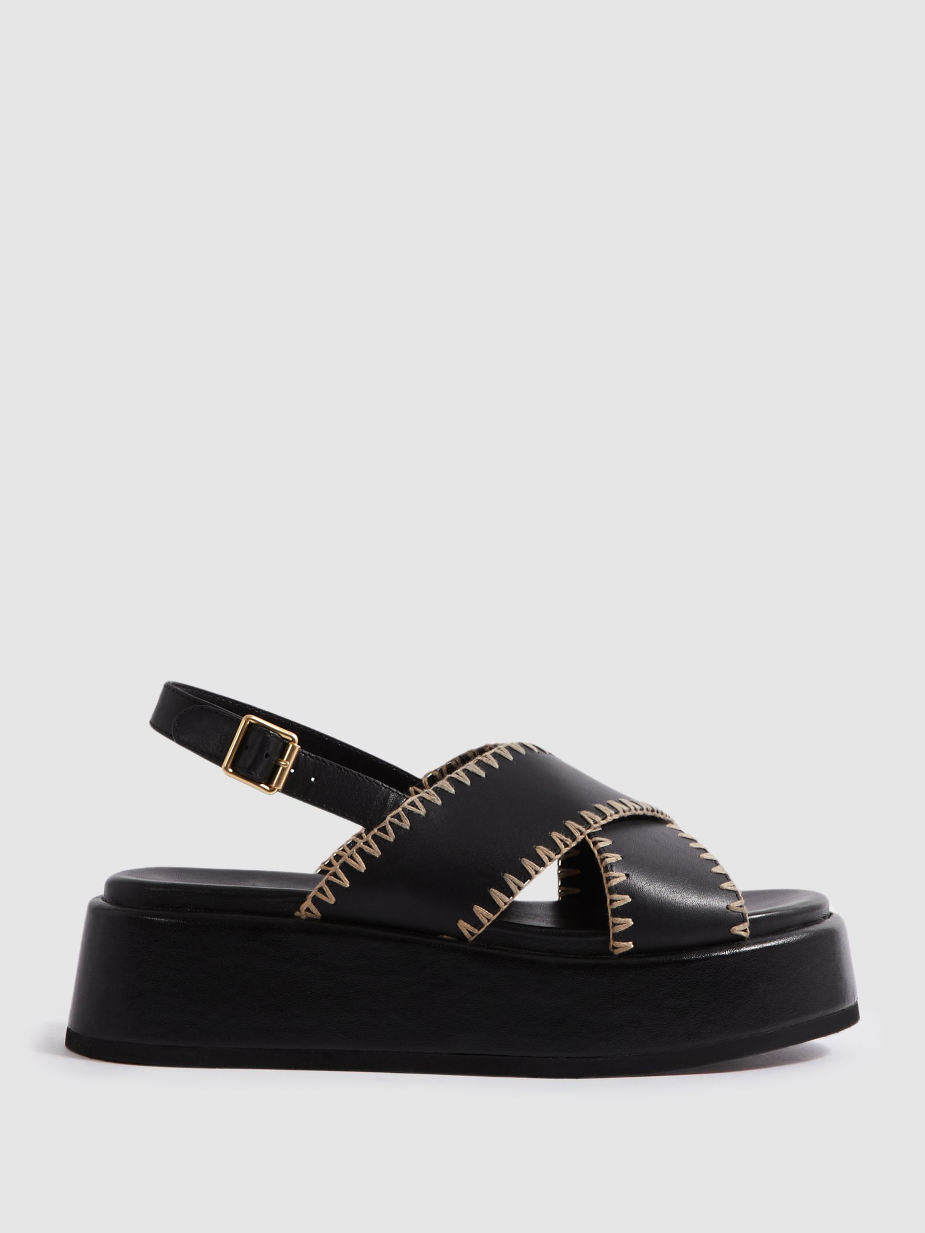Leather Raffia Stitch Platform Sandals in Black - Image 1 of 5