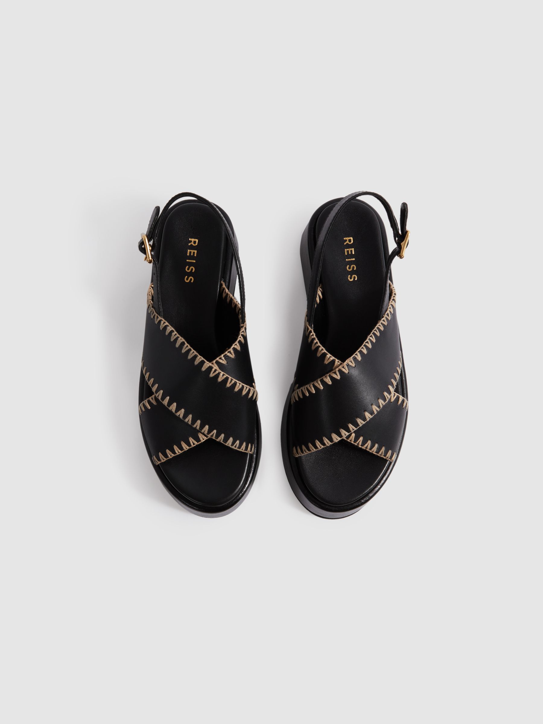 Leather Raffia Stitch Platform Sandals in Black - Image 3 of 5