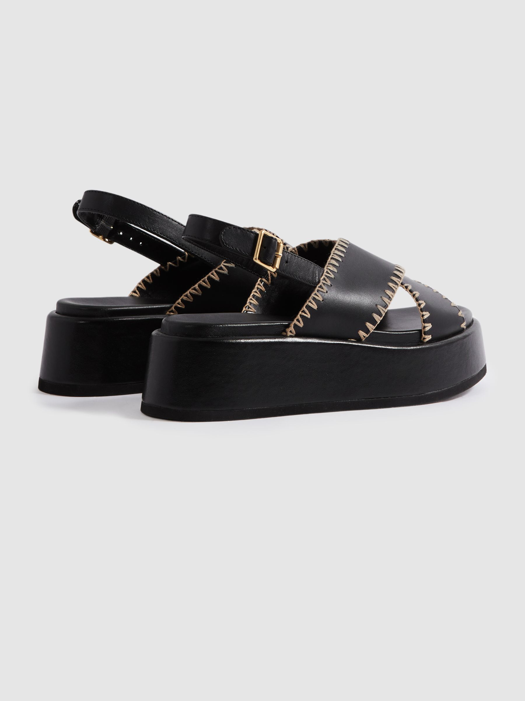 Leather Raffia Stitch Platform Sandals in Black - Image 4 of 5