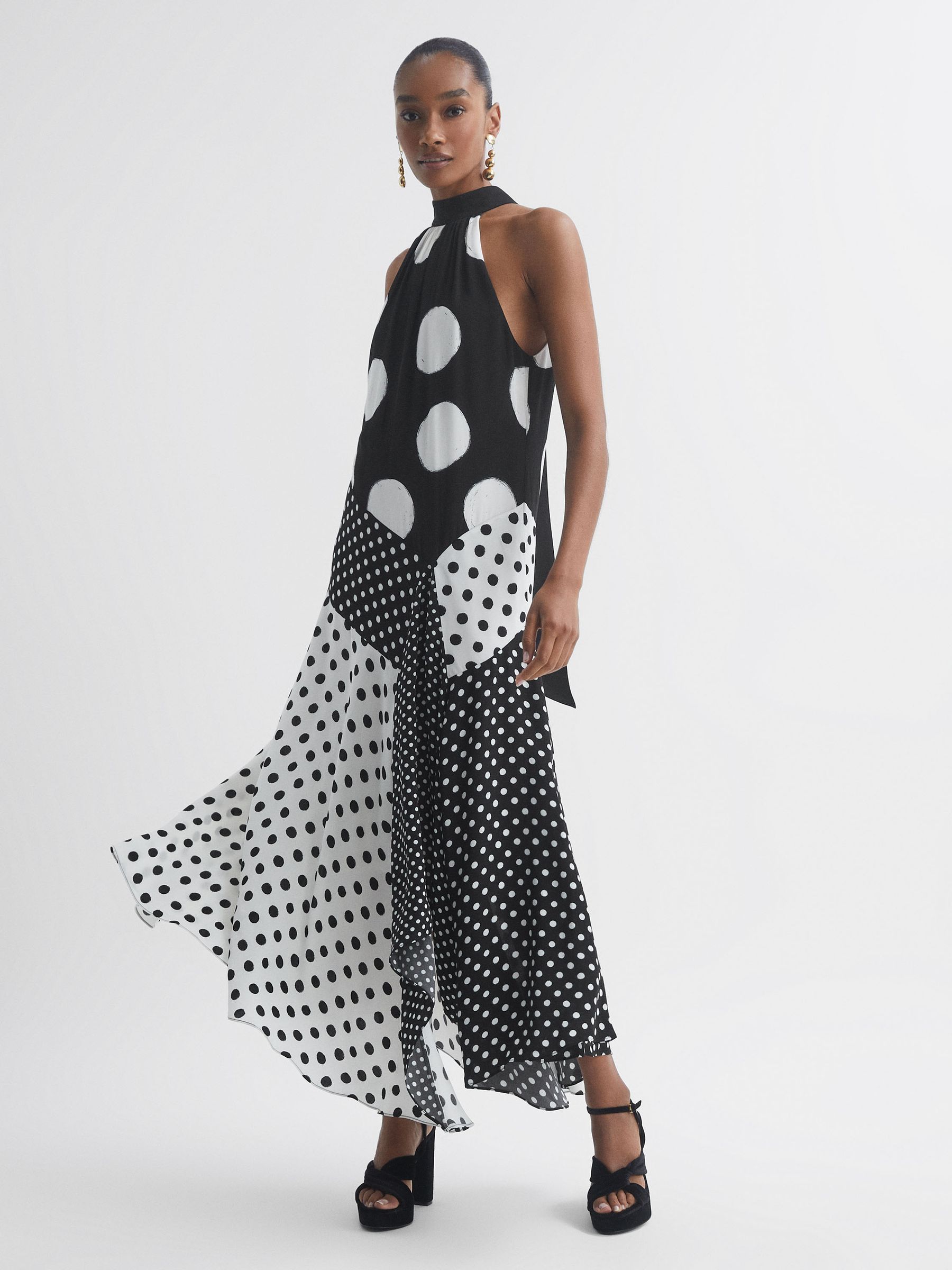 Florere Polka Dot Asymmetric Midi Dress in Black/White - Image 1 of 5