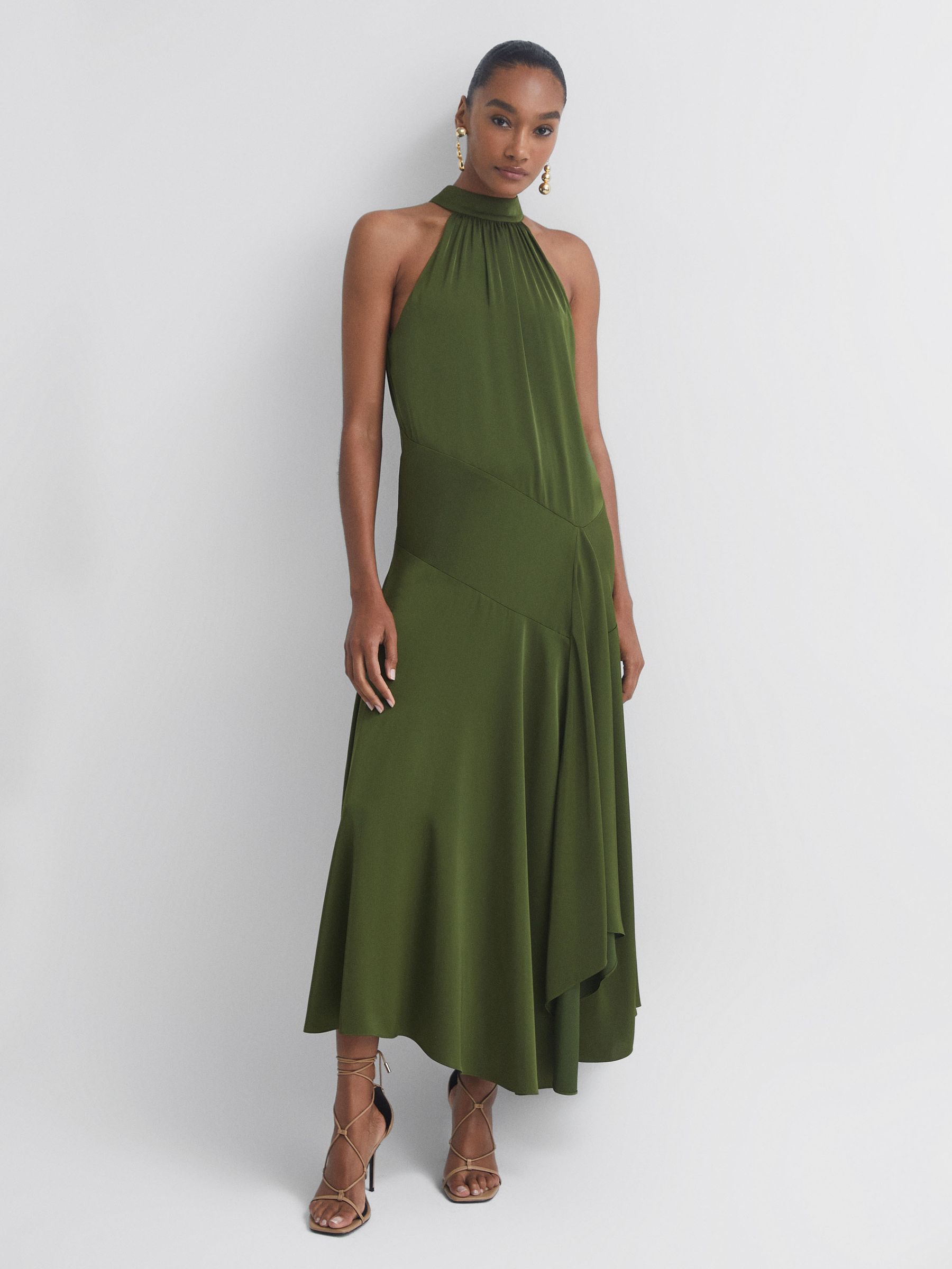 Florere Halterneck Asymmetric Midi Dress in Khaki - Image 1 of 6 Florere Halterneck Asymmetric Midi Dress in Khaki - Image 1 of 6