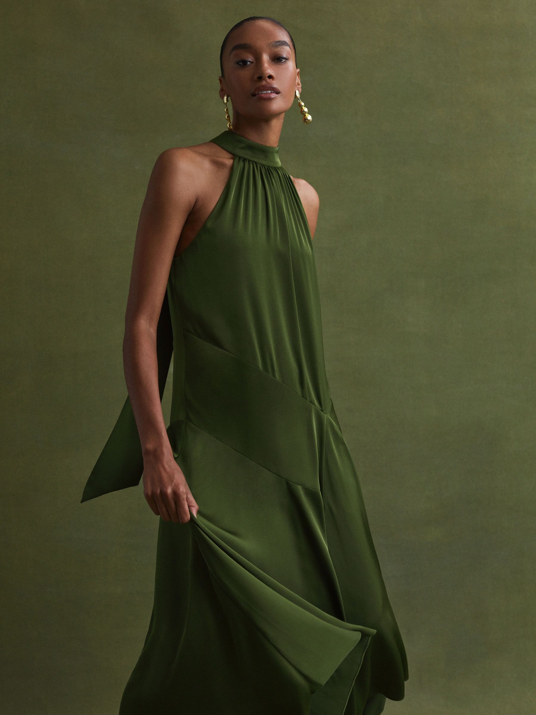 Florere Halterneck Asymmetric Midi Dress in Khaki - Image 3 of 6