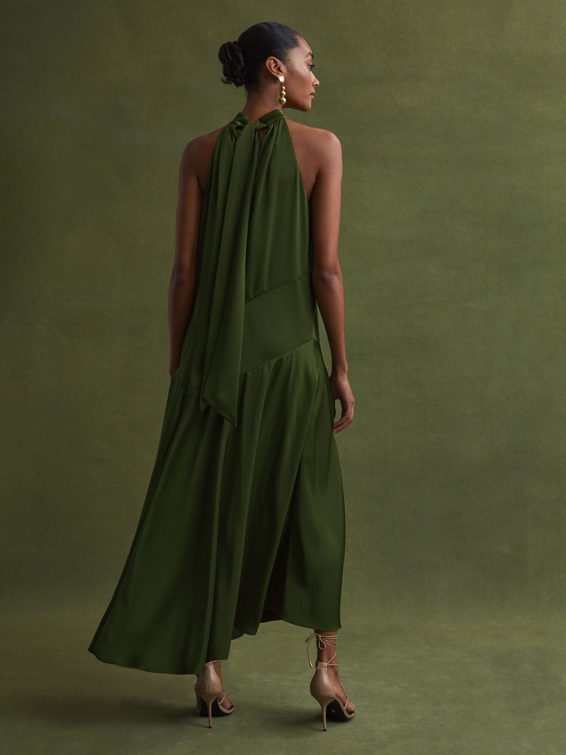Florere Halterneck Asymmetric Midi Dress in Khaki - Image 5 of 6