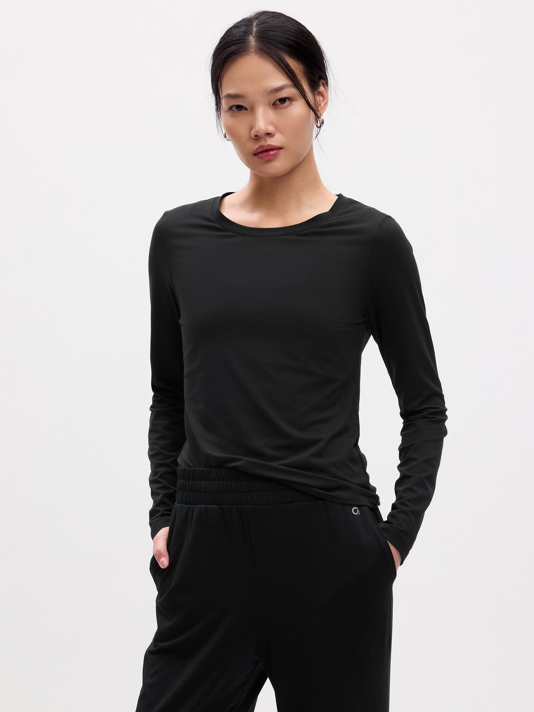 Black Fitted Ruched Long Sleeve Crew Neck Top - Image 1 of 2