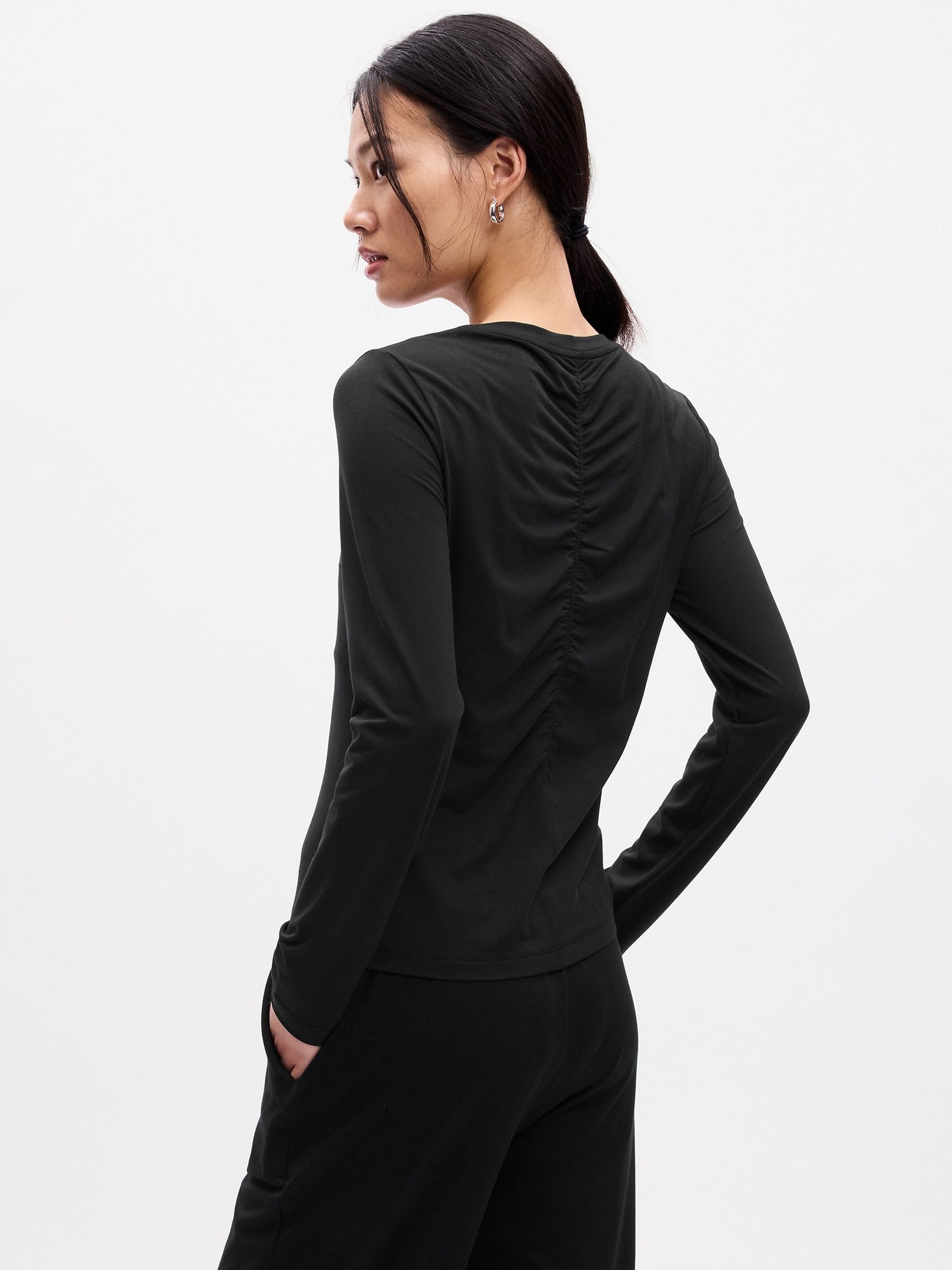 Black Fitted Ruched Long Sleeve Crew Neck Top - Image 2 of 2
