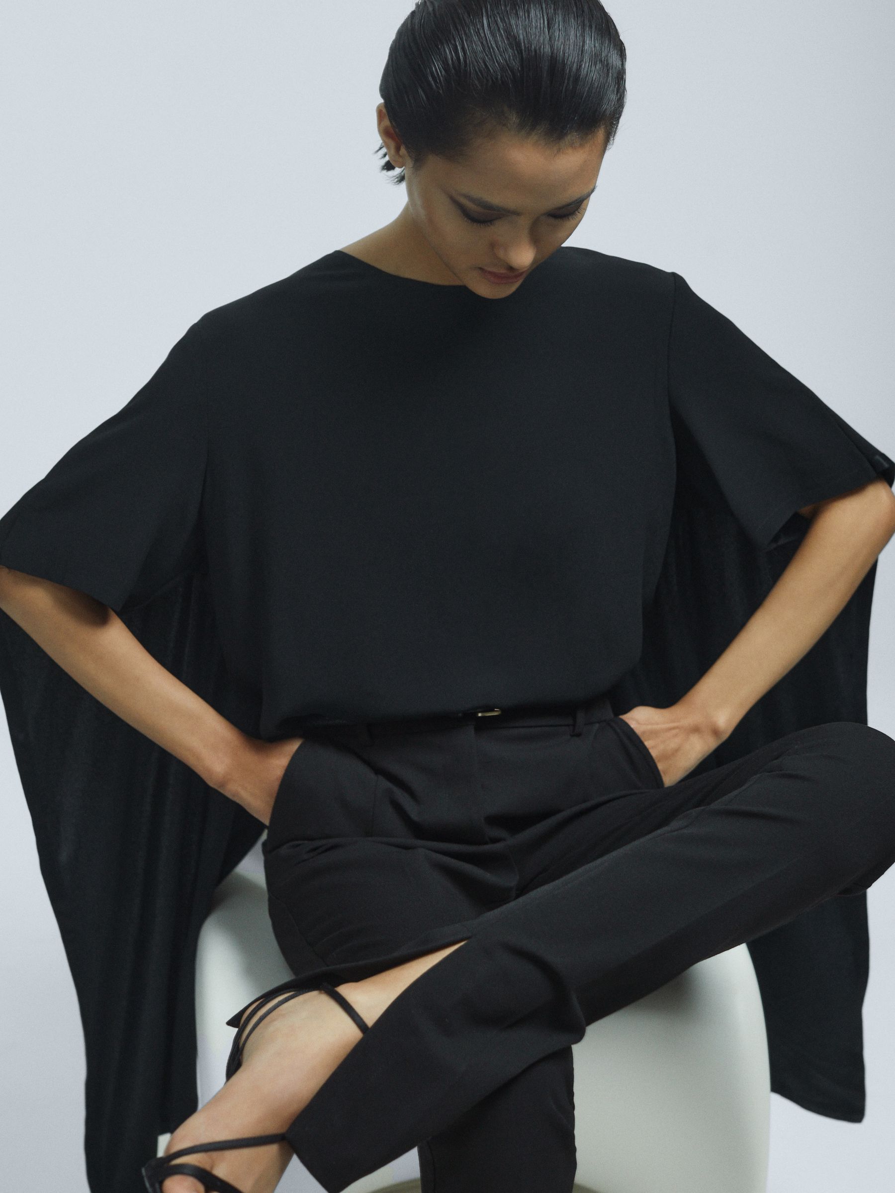 Satin Cape Style Top in Black - Image 1 of 7 Satin Cape Style Top in Black - Image 1 of 7