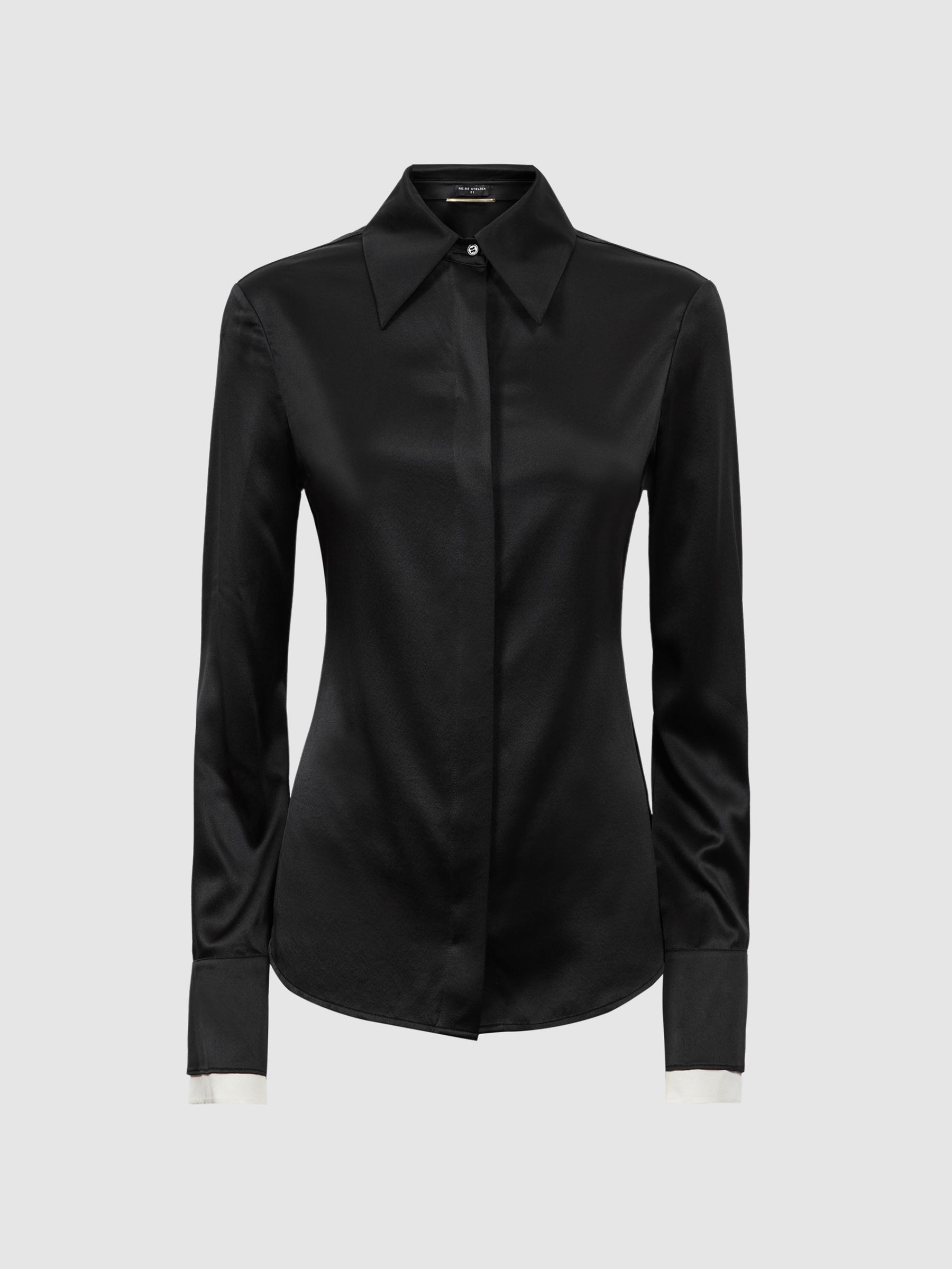 Fitted Silk Double Cuff Shirt in Black - Image 2 of 6