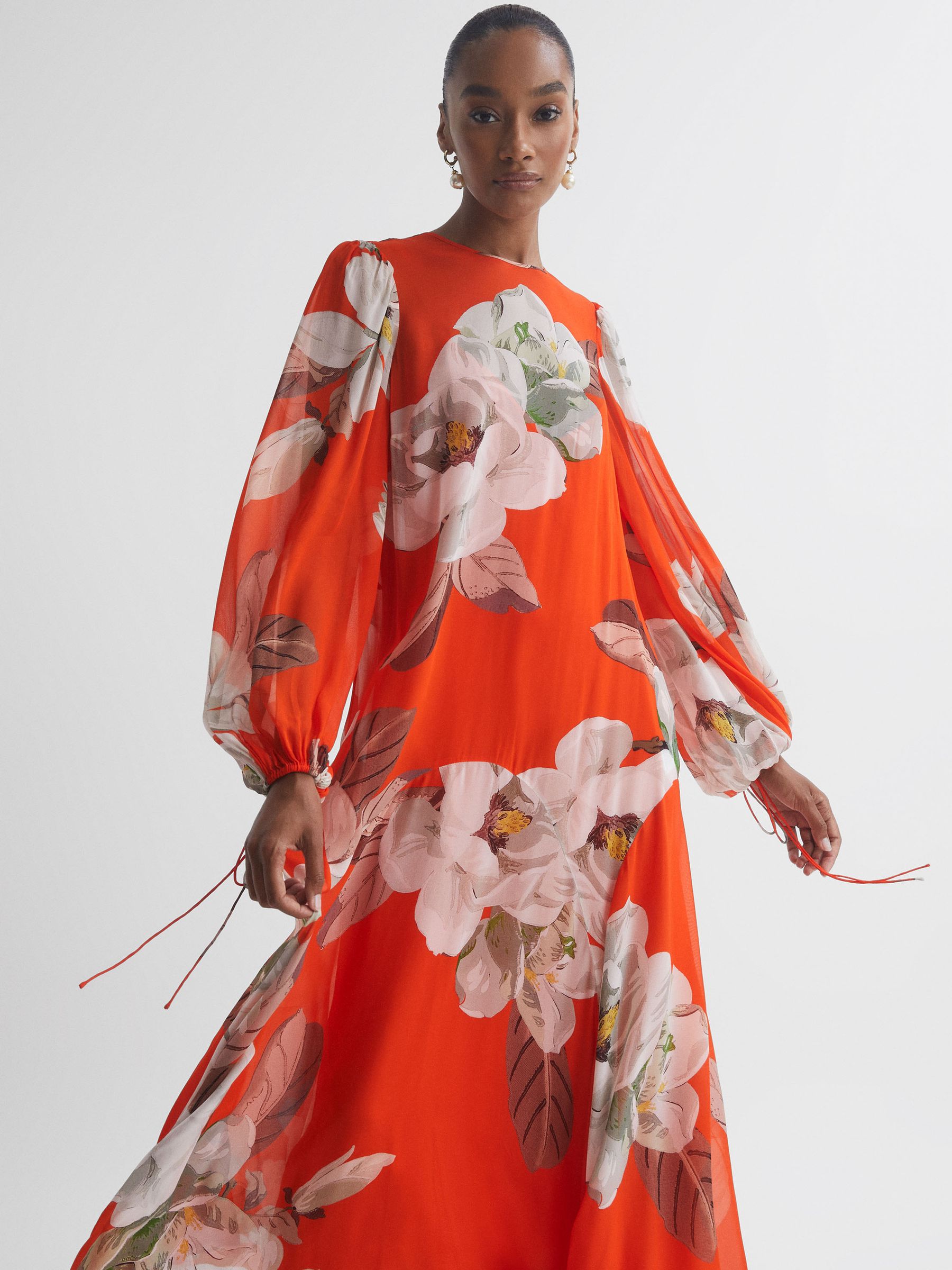 Florere Floral Asymmetric Midi Dress in Orange - Image 3 of 5