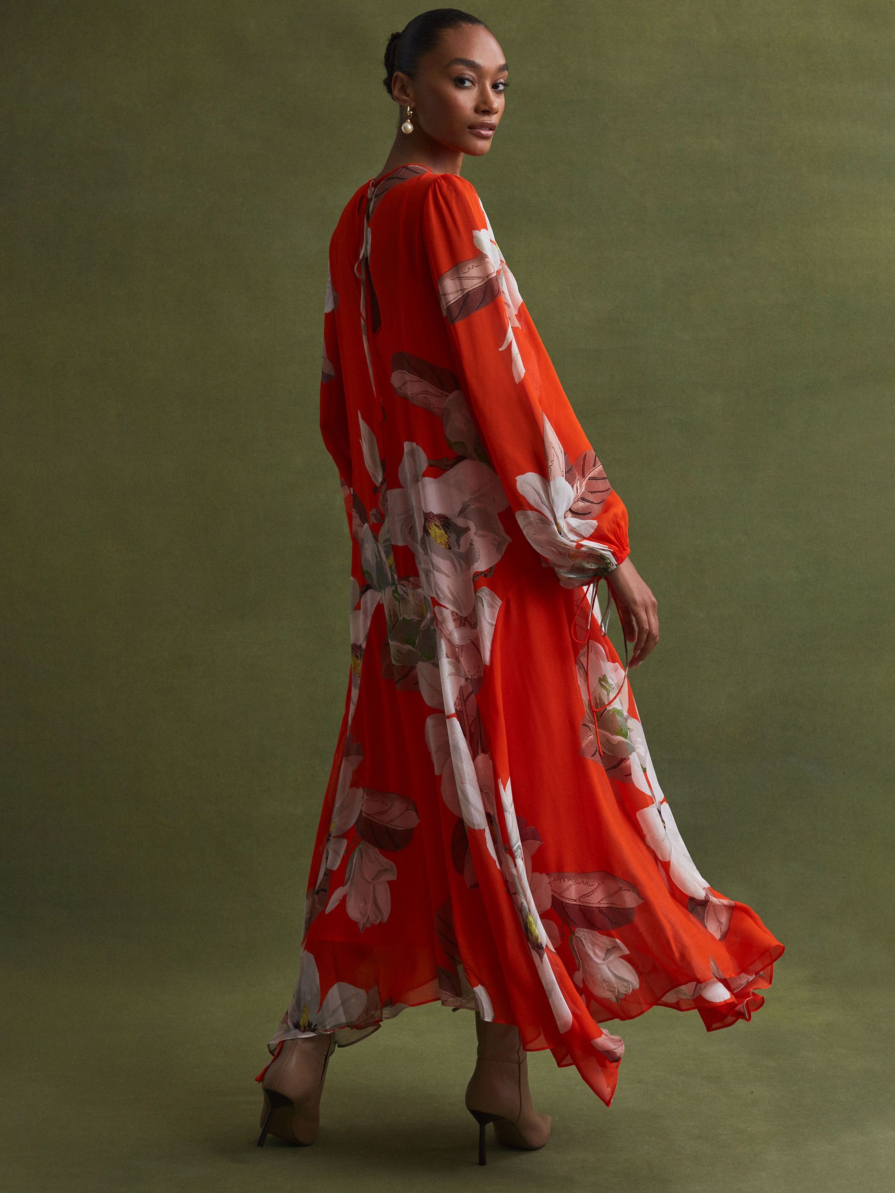 Florere Floral Asymmetric Midi Dress in Orange - Image 4 of 5