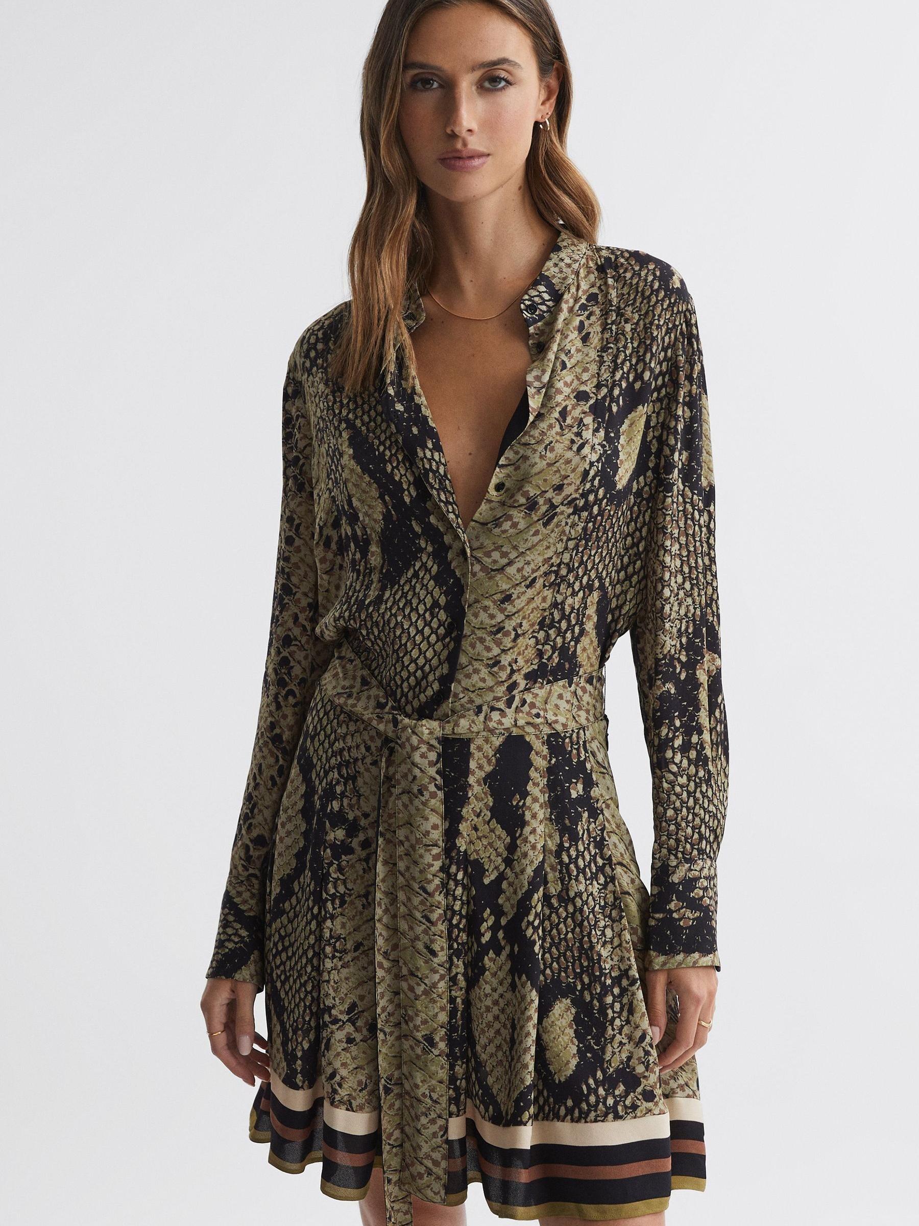Snake Print Belted Mini Dress in Brown - Image 1 of 4