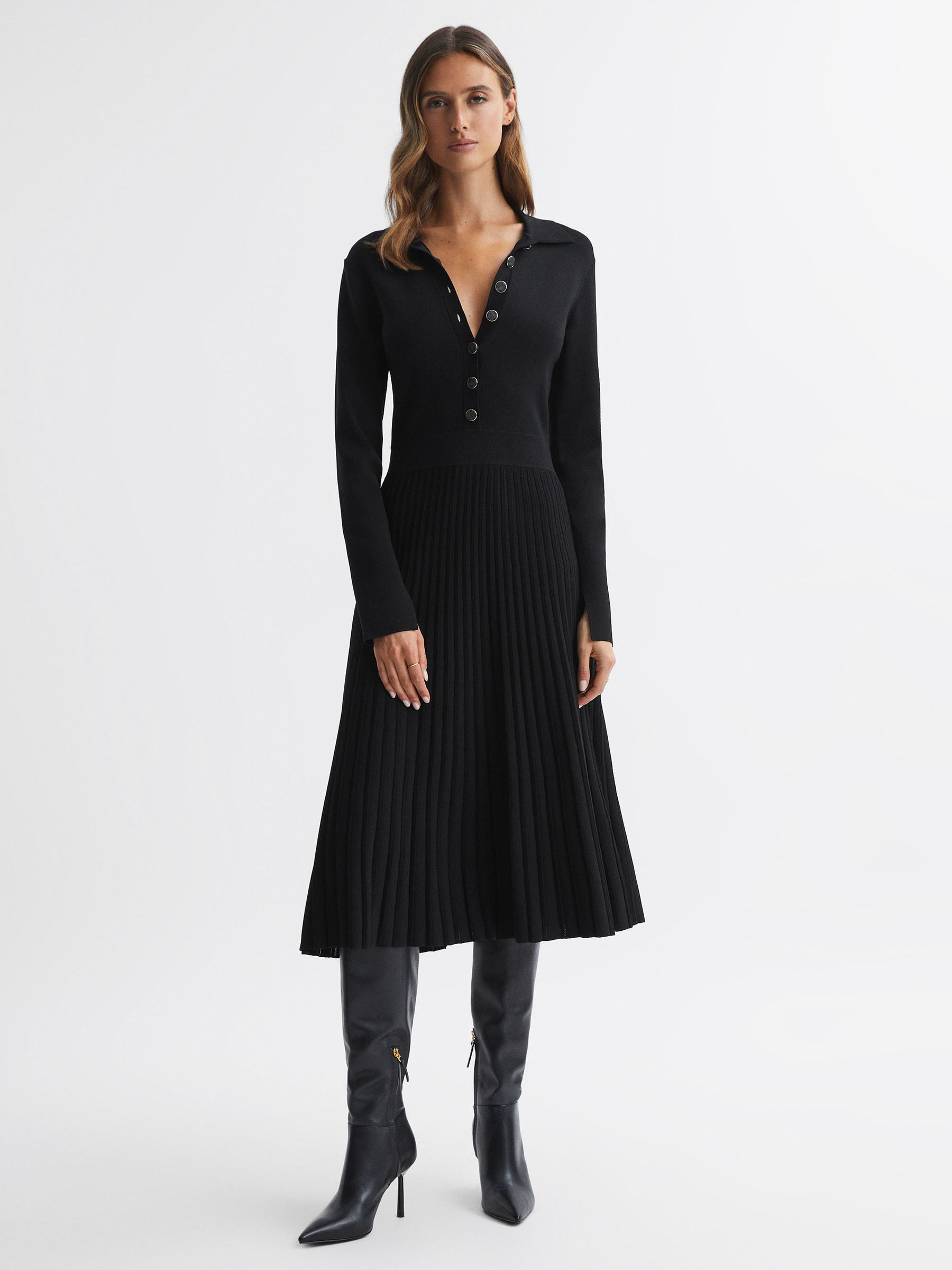Knitted Pleated Midi Dress in Black - Image 1 of 5 Knitted Pleated Midi Dress in Black - Image 1 of 5