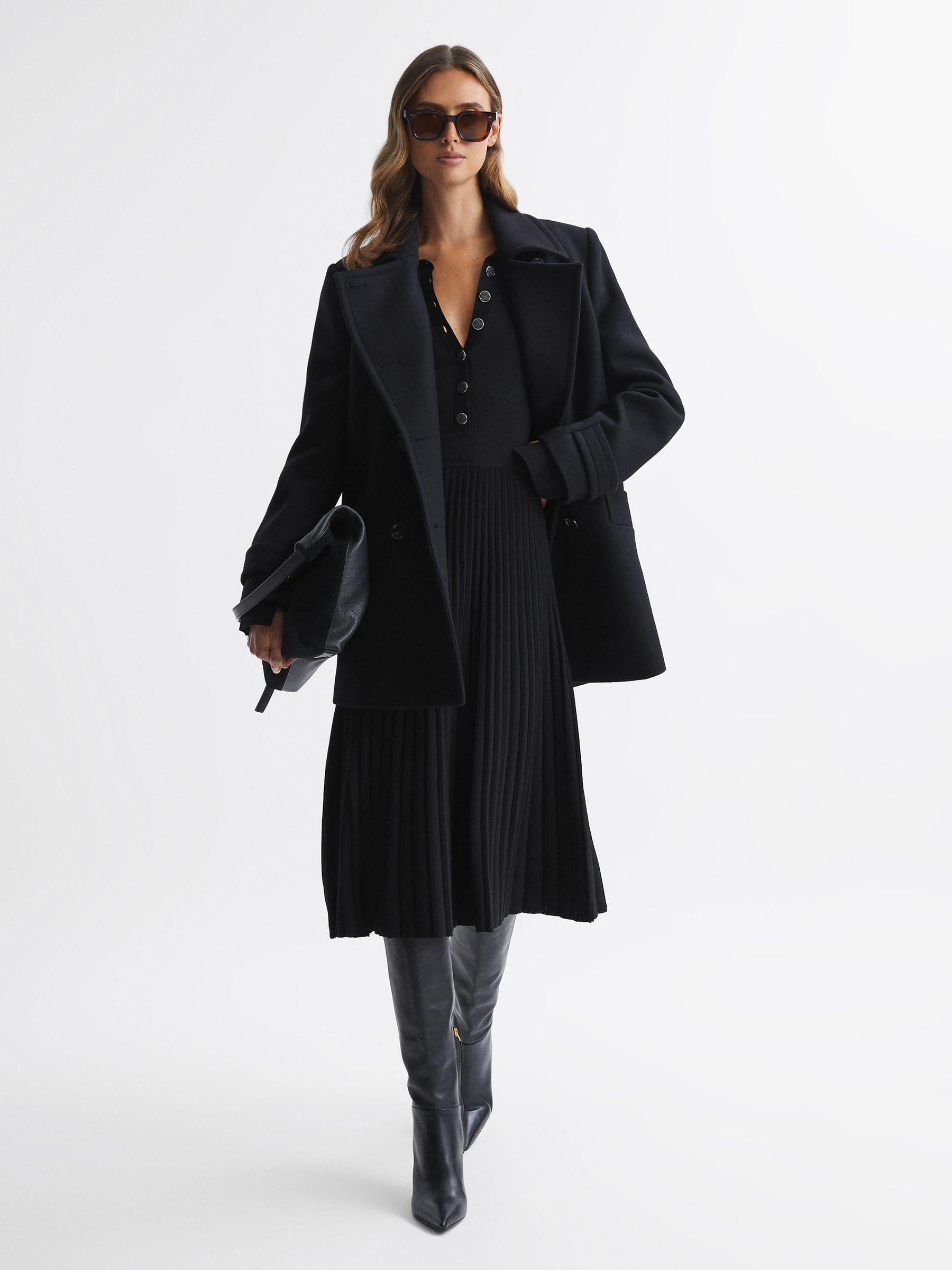 Reiss Knitted Pleated Midi Dress in Black - REISS
