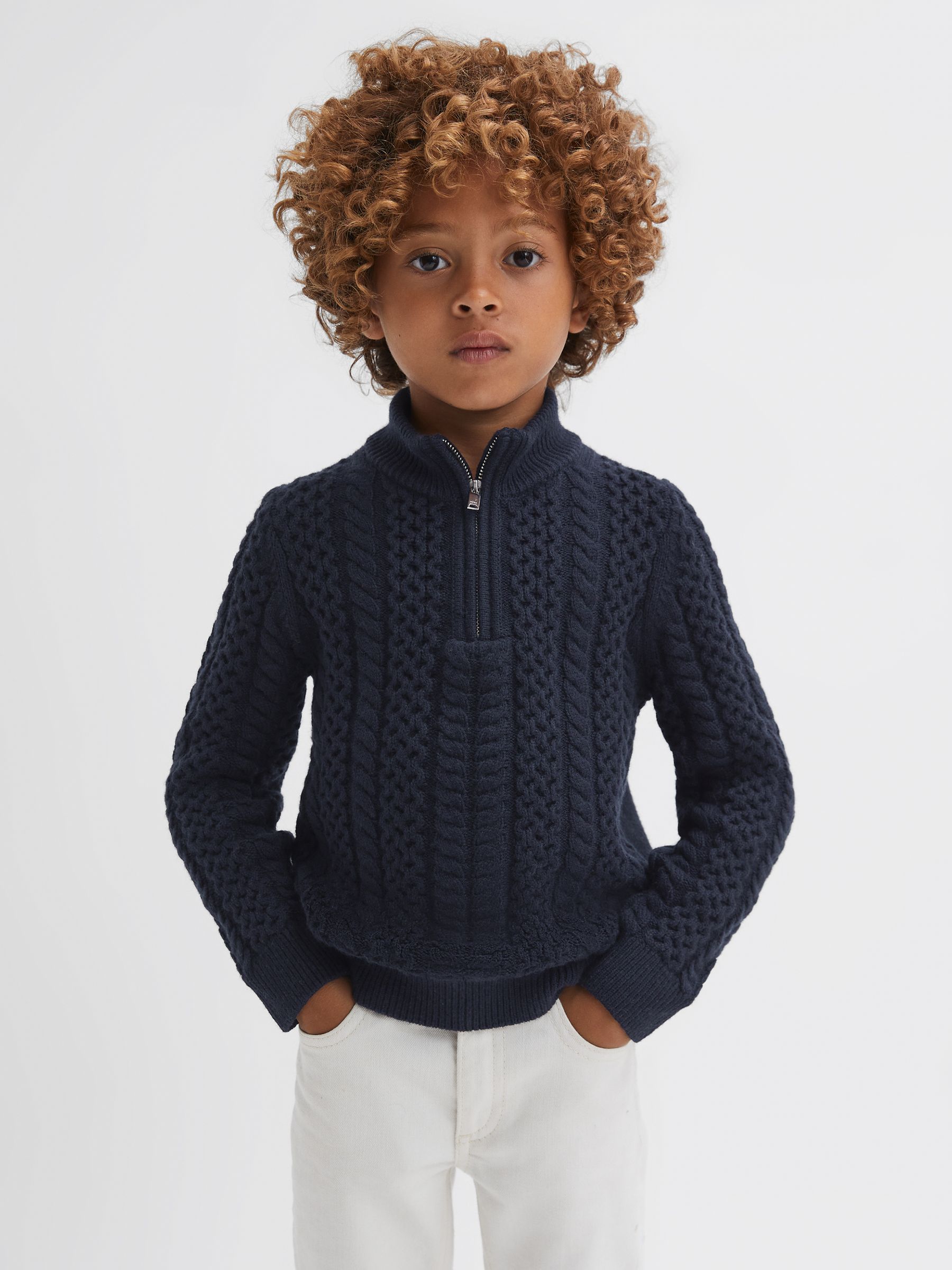 3-9 yrs Slim Fit Knitted Half-Zip Jumper in Navy - Image 1 of 6 3-9 yrs Slim Fit Knitted Half-Zip Jumper in Navy - Image 1 of 6