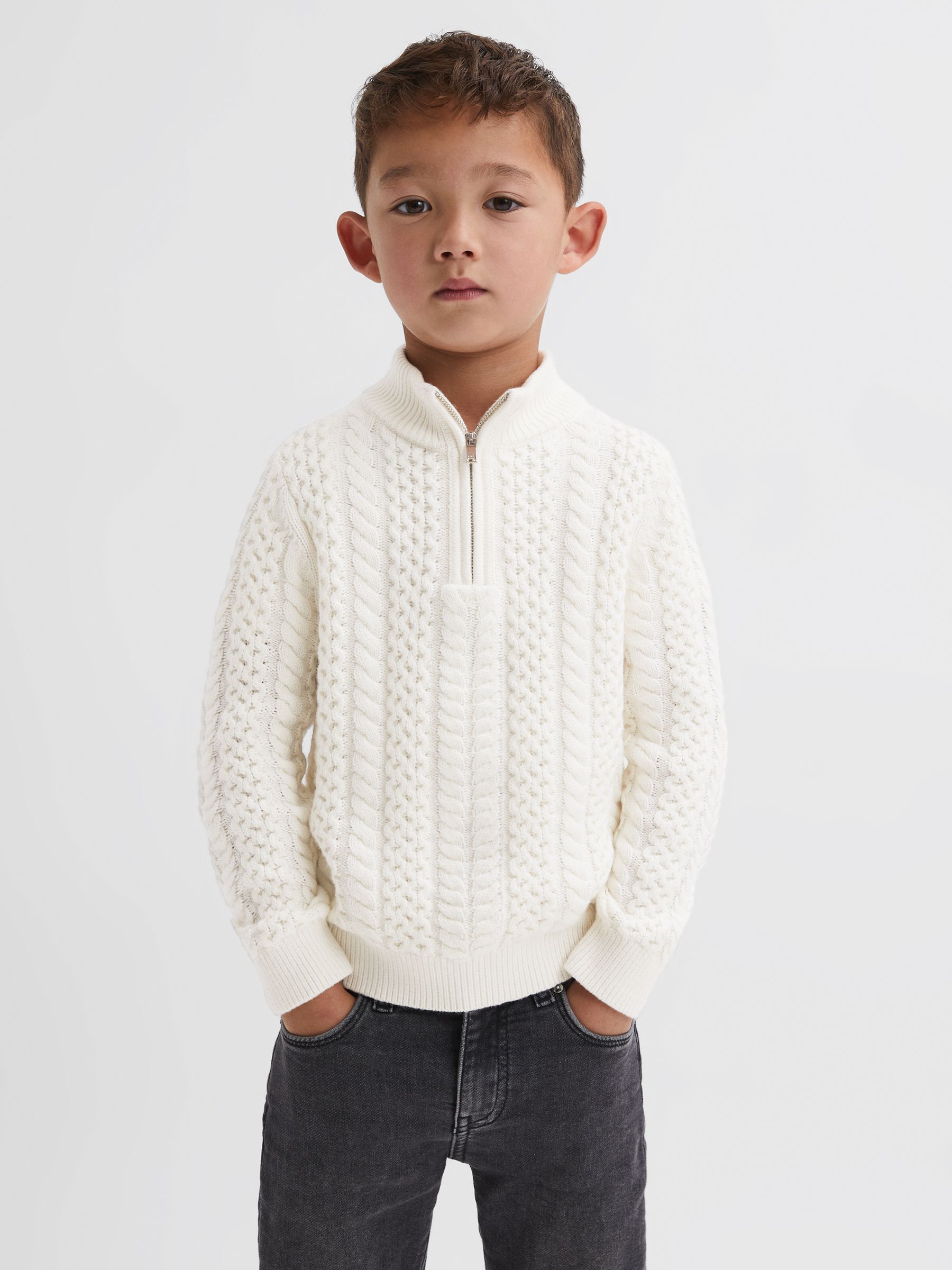 3-9 yrs Slim Fit Knitted Half-Zip Jumper in Ecru - Image 1 of 6 3-9 yrs Slim Fit Knitted Half-Zip Jumper in Ecru - Image 1 of 6