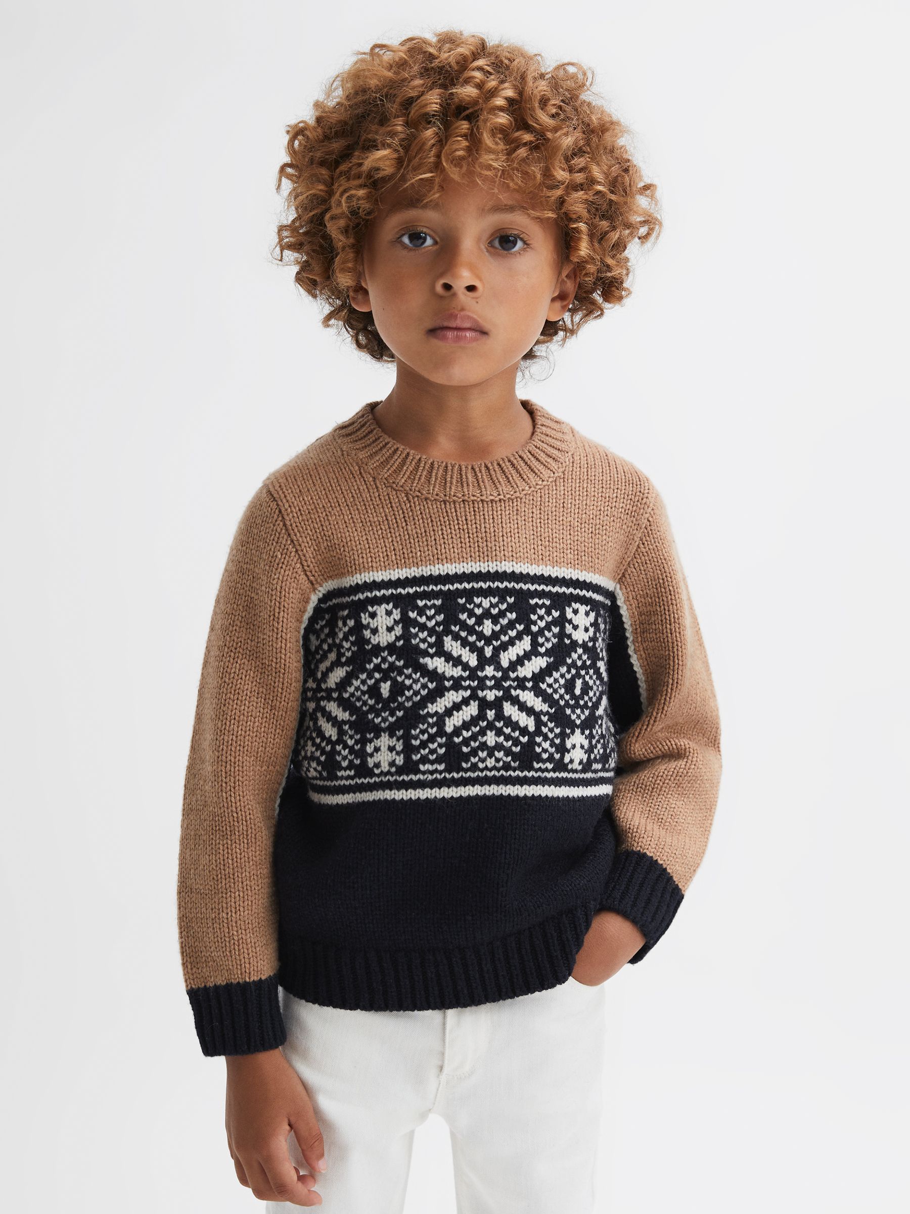 3-9 yrs Knitted Colourblock Crew Neck Jumper in Navy/Camel - Image 1 of 7