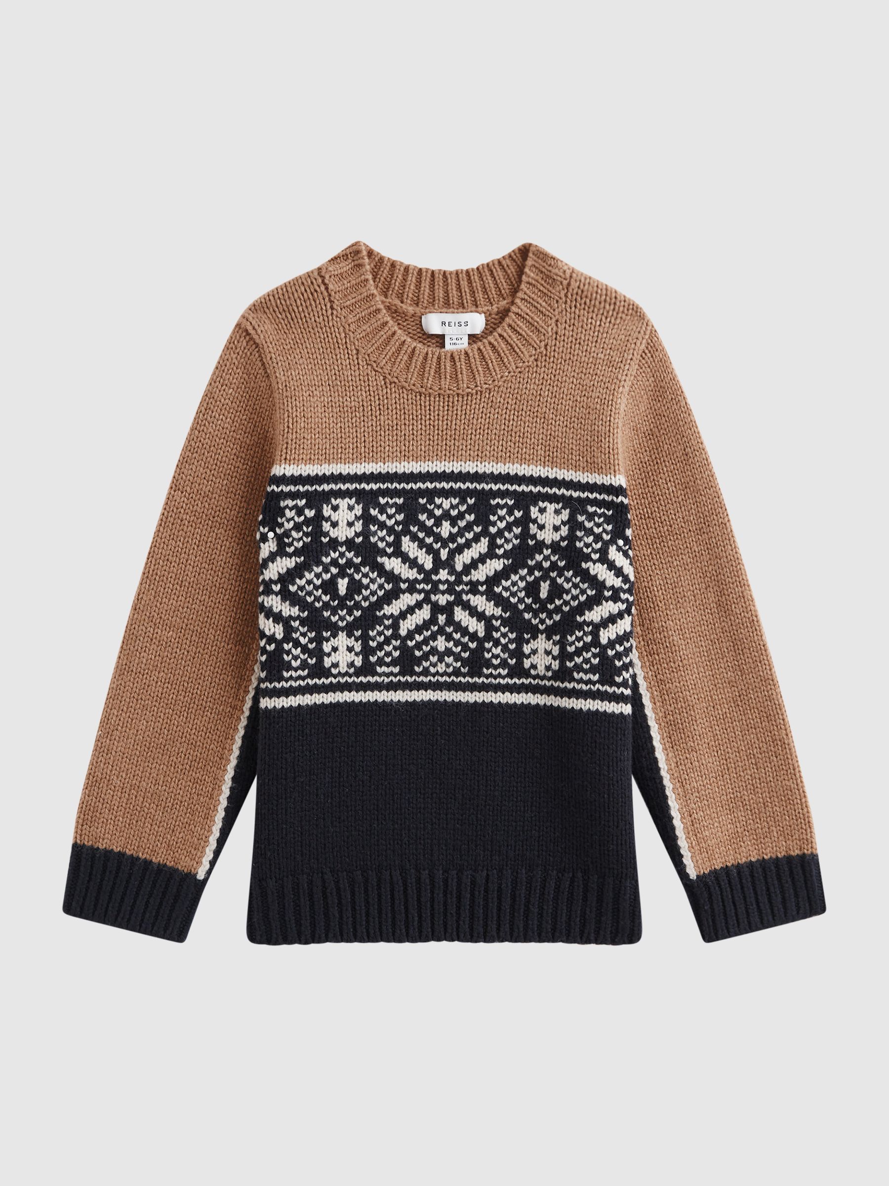3-9 yrs Knitted Colourblock Crew Neck Jumper in Navy/Camel - Image 2 of 7