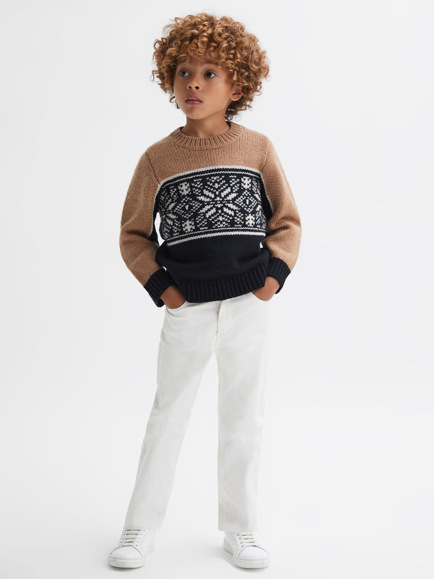 3-9 yrs Knitted Colourblock Crew Neck Jumper in Navy/Camel - Image 3 of 7