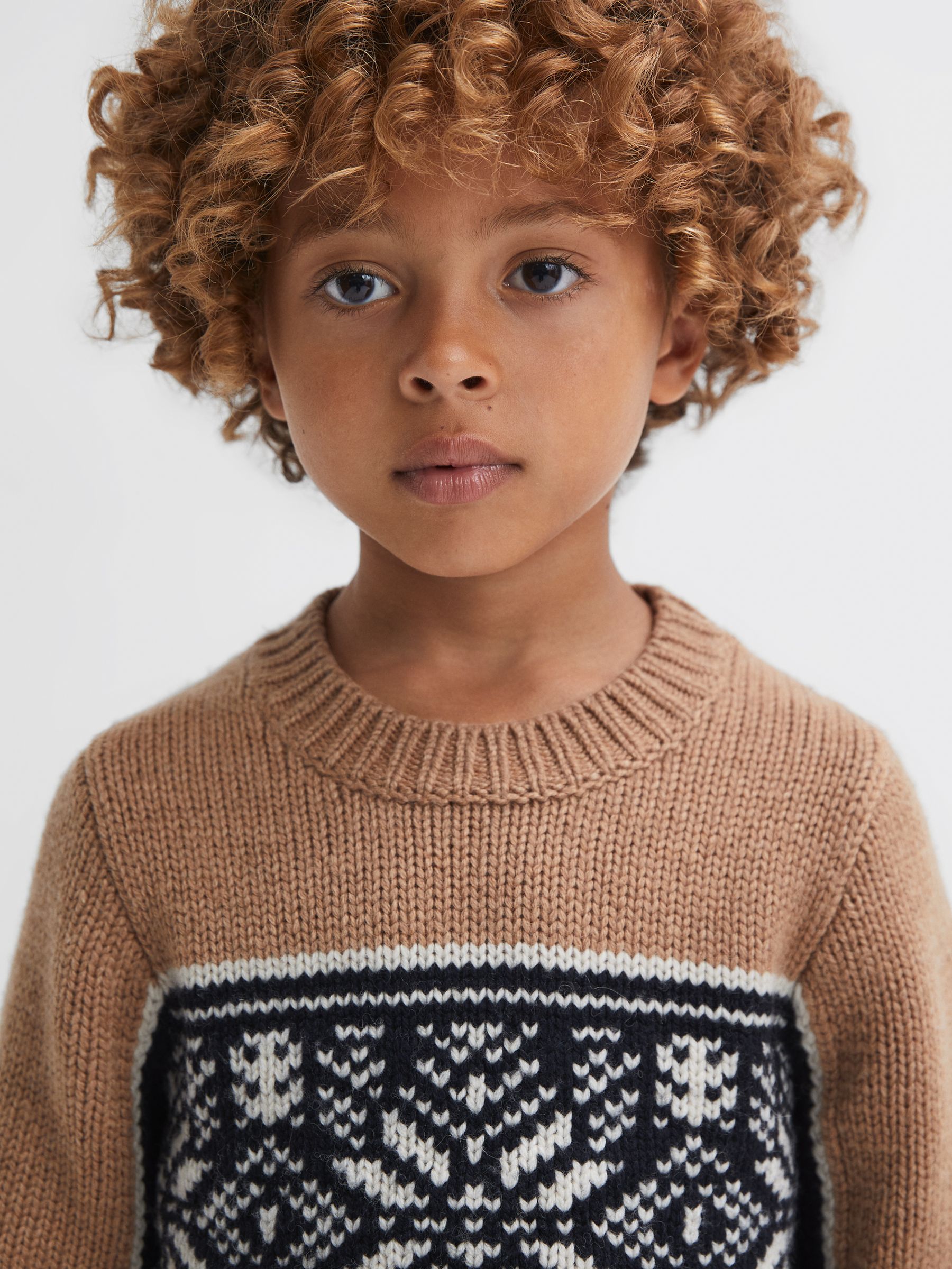 3-9 yrs Knitted Colourblock Crew Neck Jumper in Navy/Camel - Image 4 of 7
