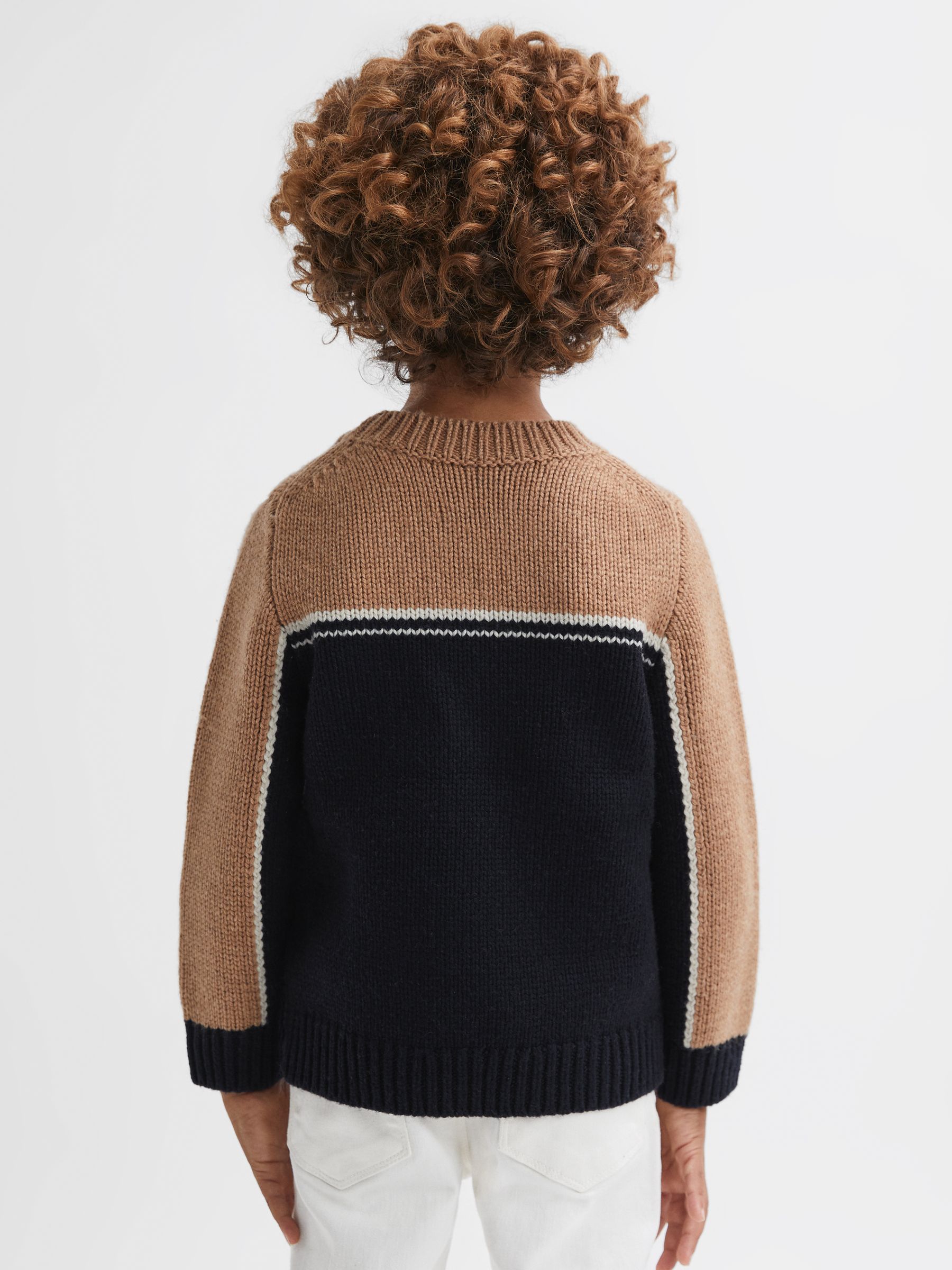 3-9 yrs Knitted Colourblock Crew Neck Jumper in Navy/Camel - Image 5 of 7