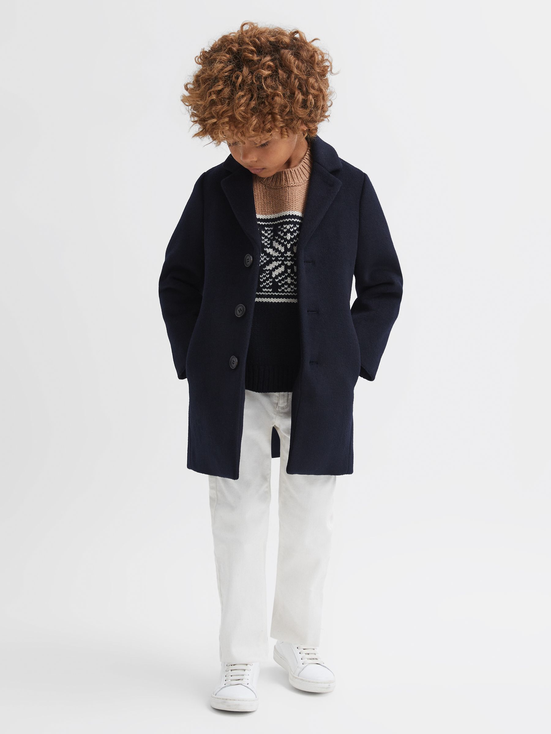 3-9 yrs Knitted Colourblock Crew Neck Jumper in Navy/Camel - Image 6 of 7