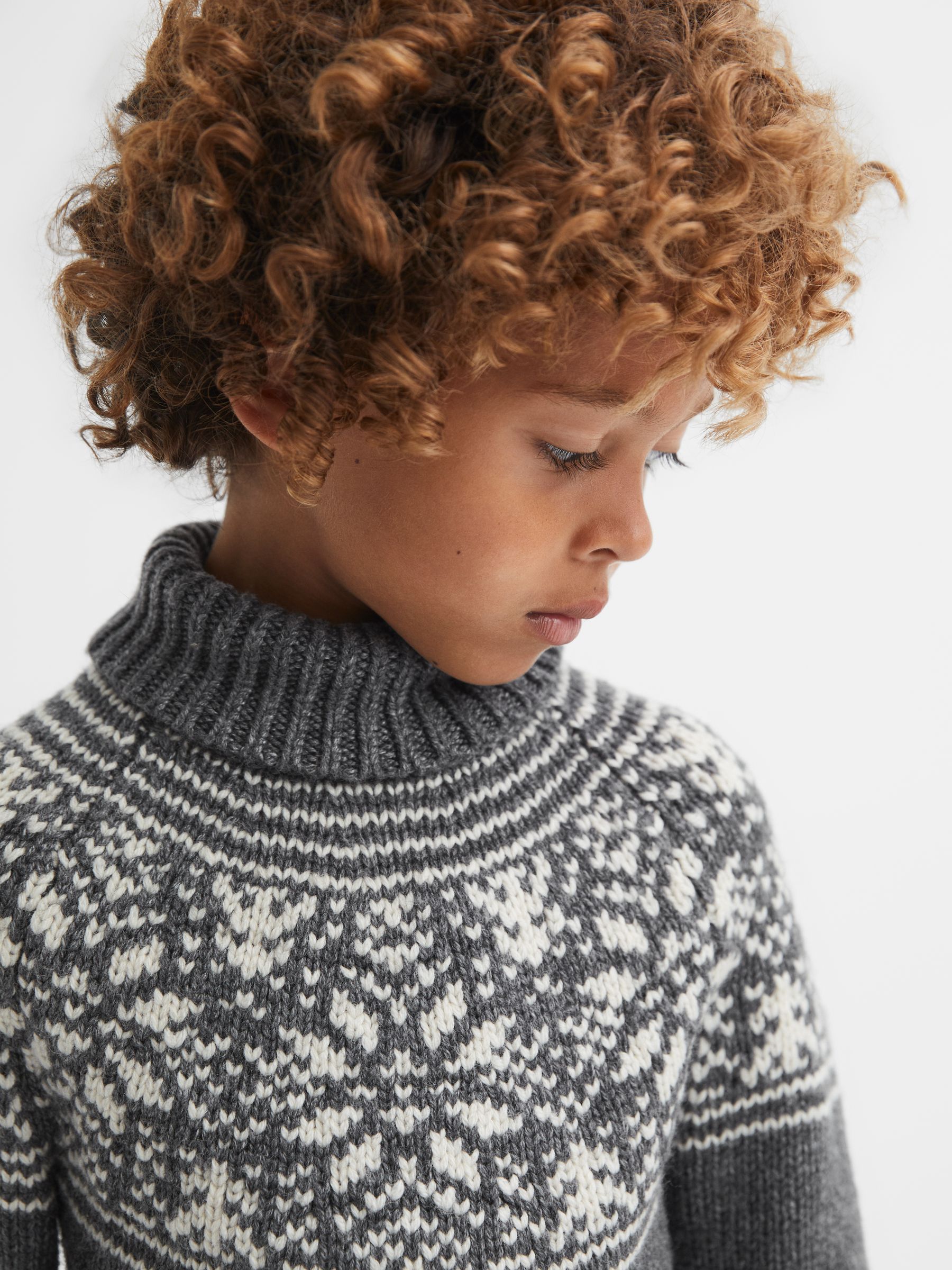 Knitted Fair Isle Pattern Roll Neck Jumper in Charcoal Melange - Image 1 of 6 Knitted Fair Isle Pattern Roll Neck Jumper in Charcoal Melange - Image 1 of 6