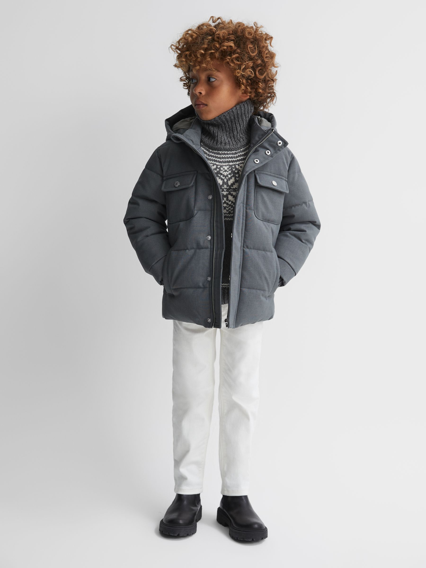 Knitted Fair Isle Pattern Roll Neck Jumper in Charcoal Melange - Image 3 of 6