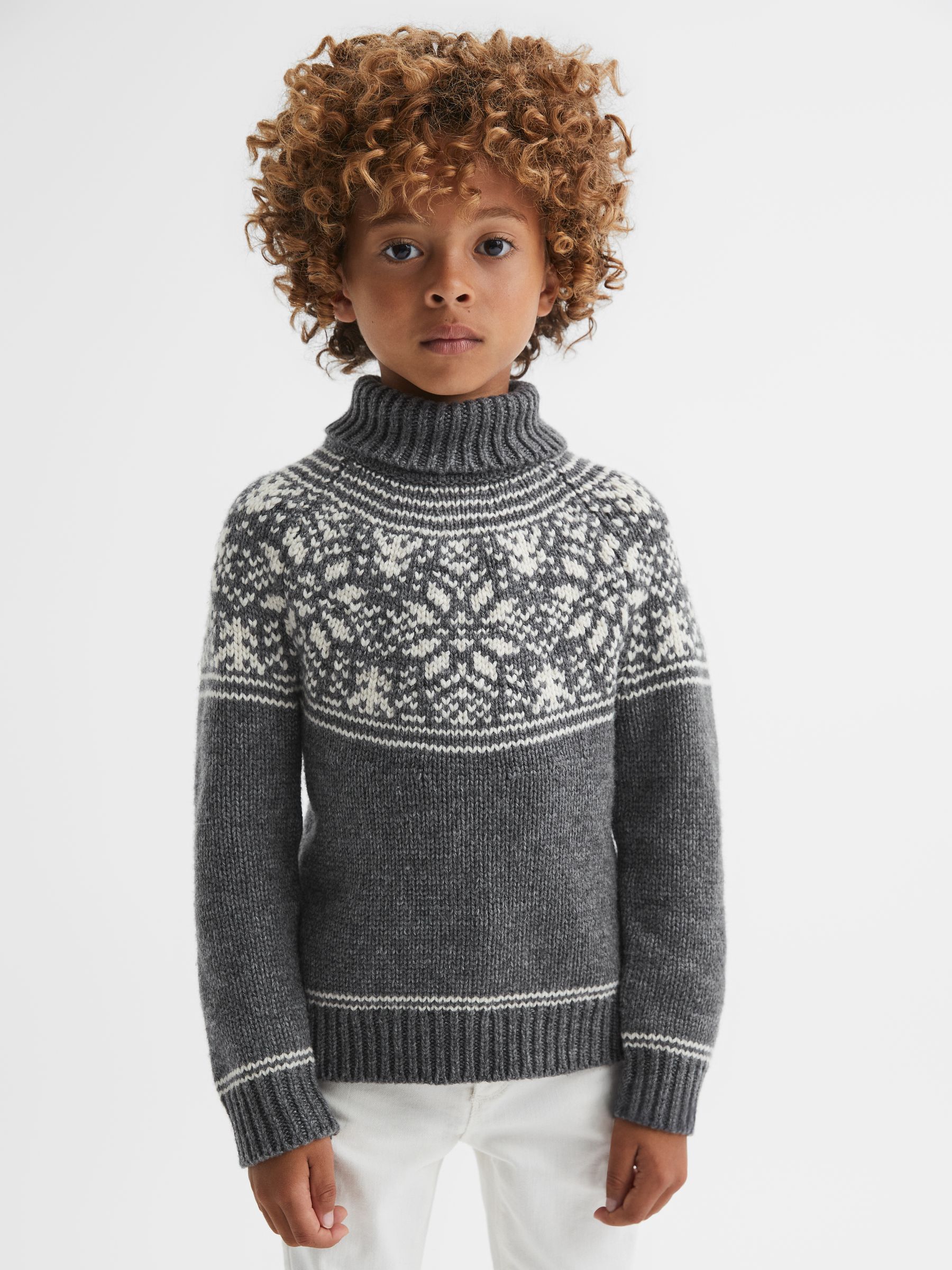 3-9 yrs Knitted Fair Isle Pattern Roll Neck Jumper in Charcoal Melange - Image 1 of 6 3-9 yrs Knitted Fair Isle Pattern Roll Neck Jumper in Charcoal Melange - Image 1 of 6