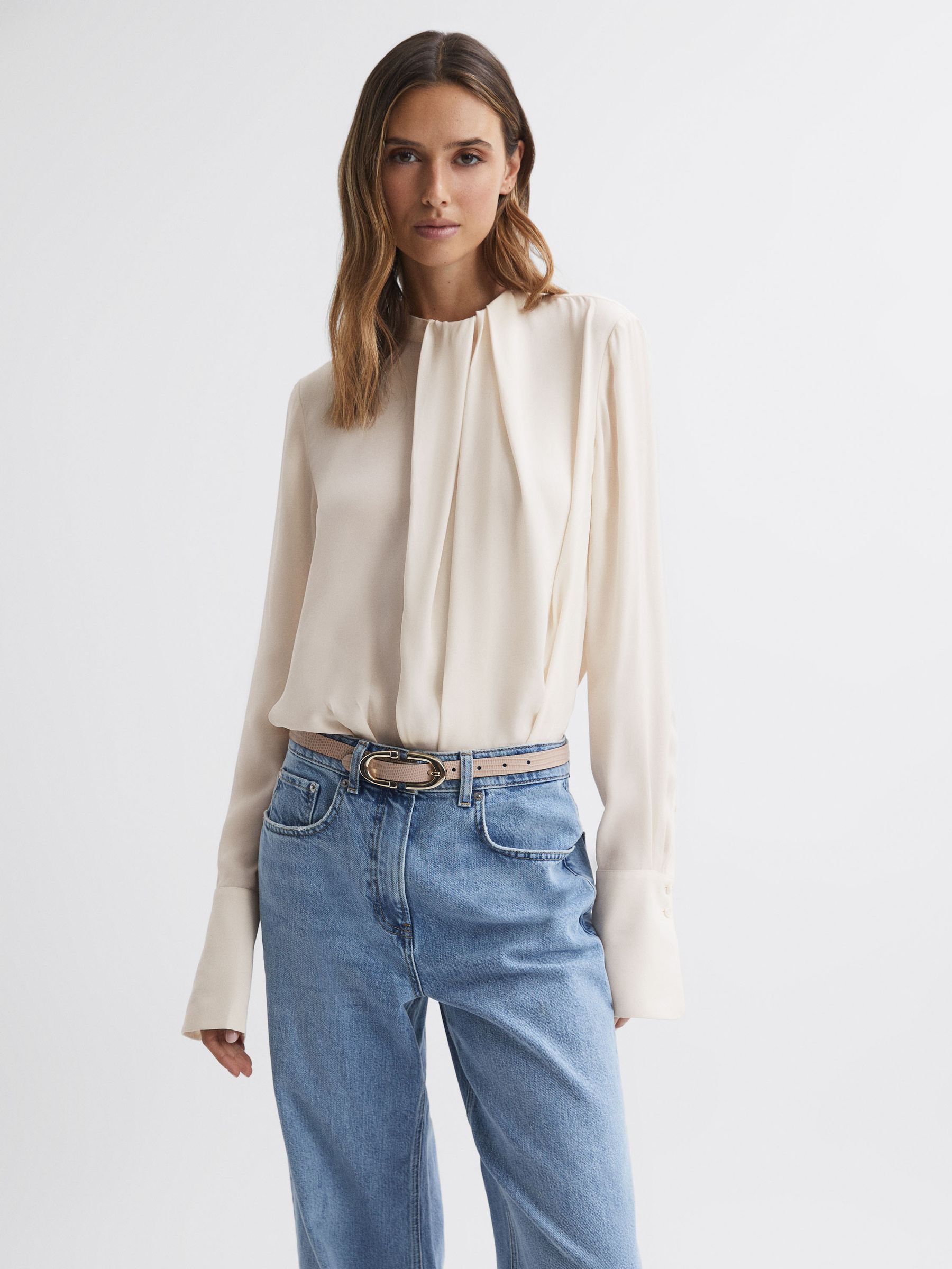 Pleat Front Long Sleeve Blouse in Cream - Image 1 of 4