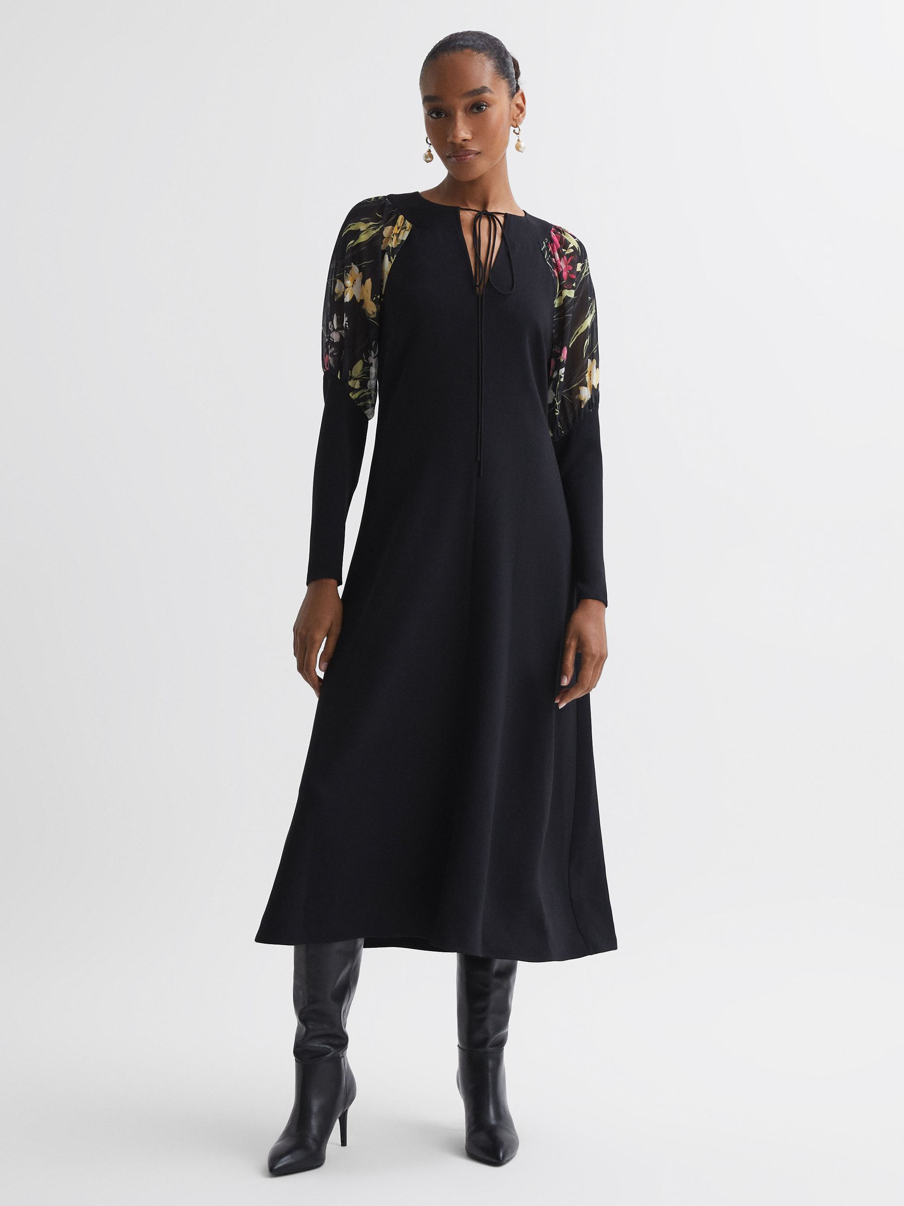 Florere Print Sleeve Midi Dress in Black - Image 1 of 5