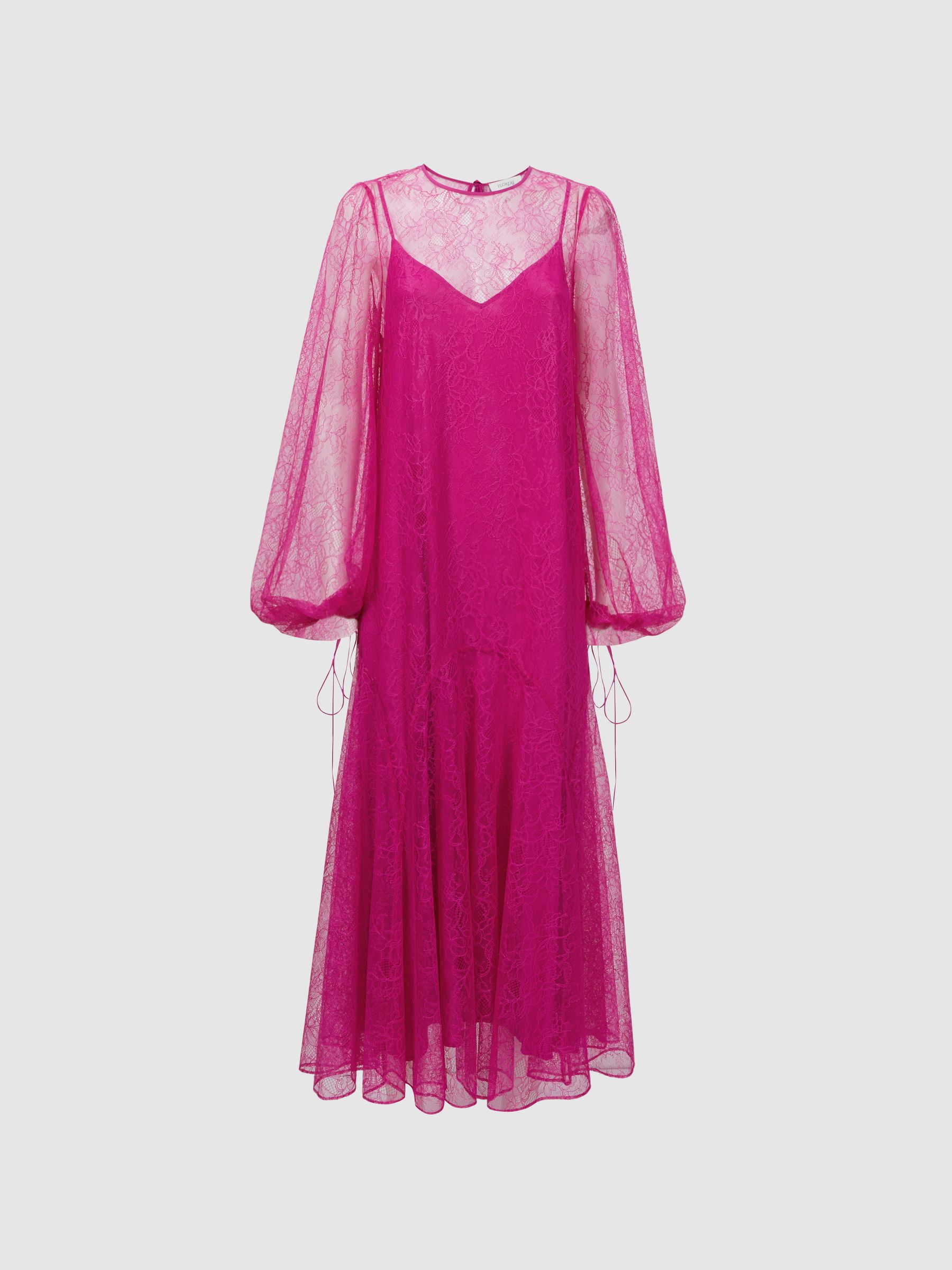Florere Lace Midi Dress in Bright Pink - Image 2 of 6