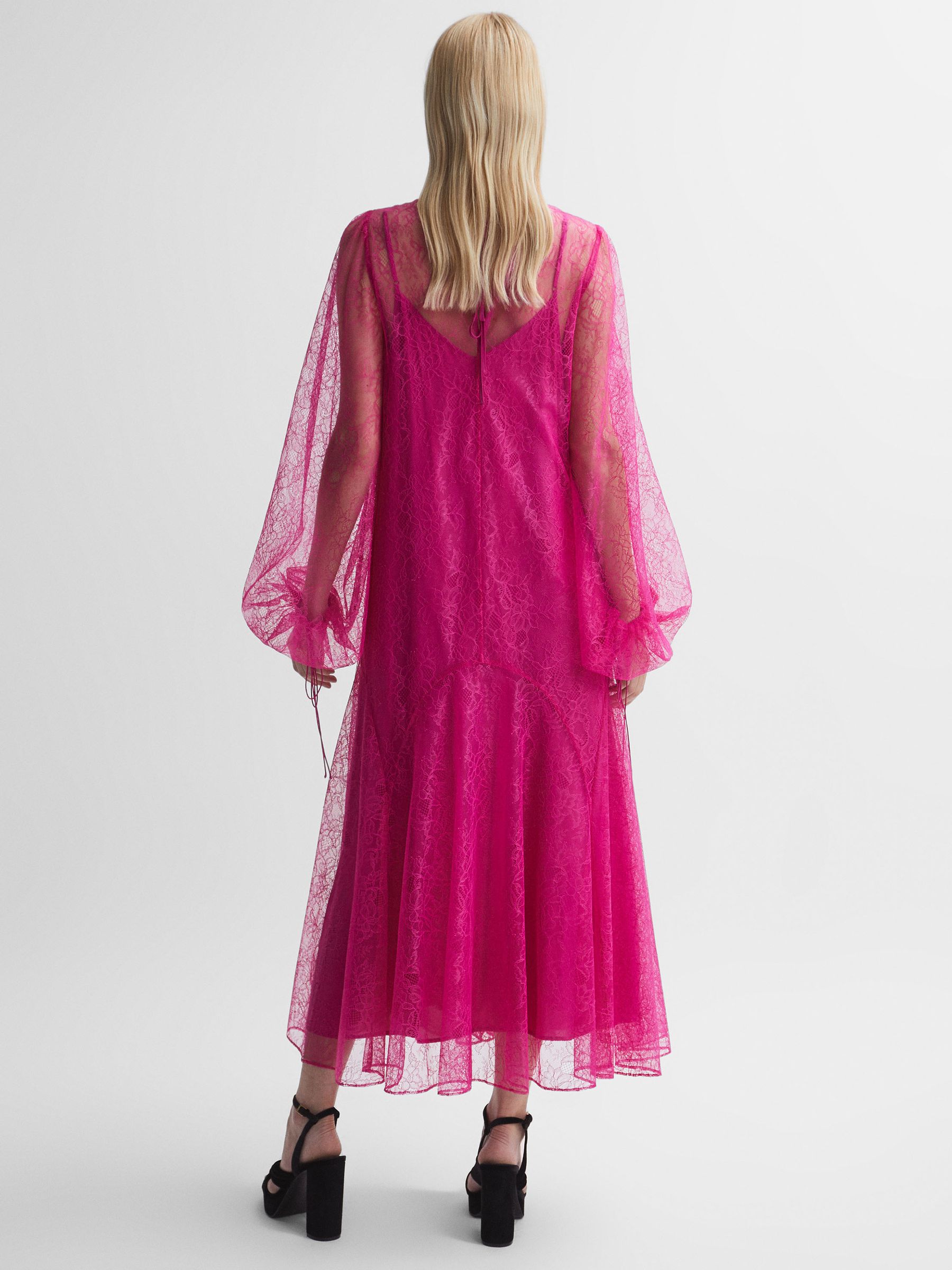 Florere Lace Midi Dress in Bright Pink - Image 4 of 6