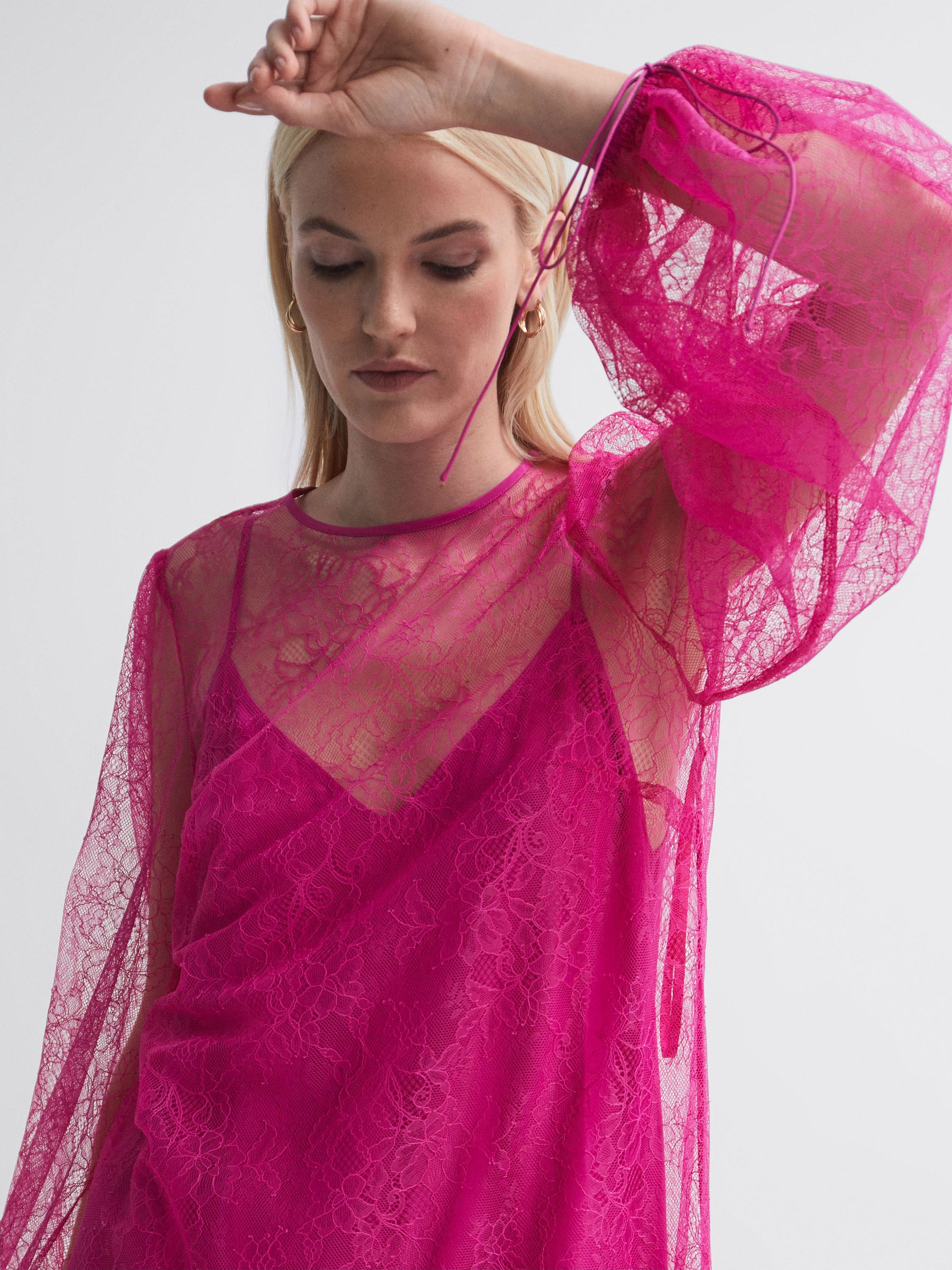 Florere Lace Midi Dress in Bright Pink - Image 5 of 6