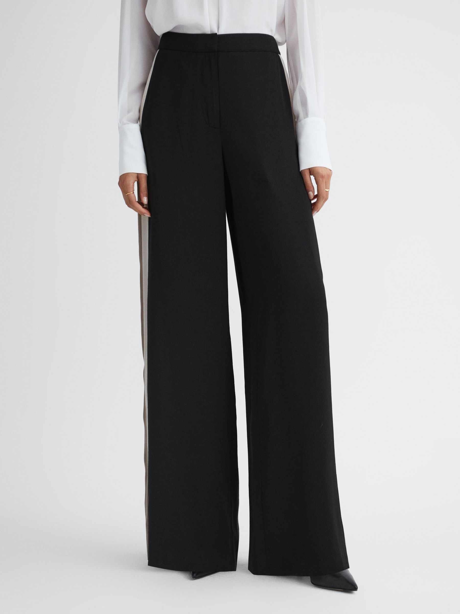 Reiss Wide Leg Side Stripe Trousers in Black | REISS