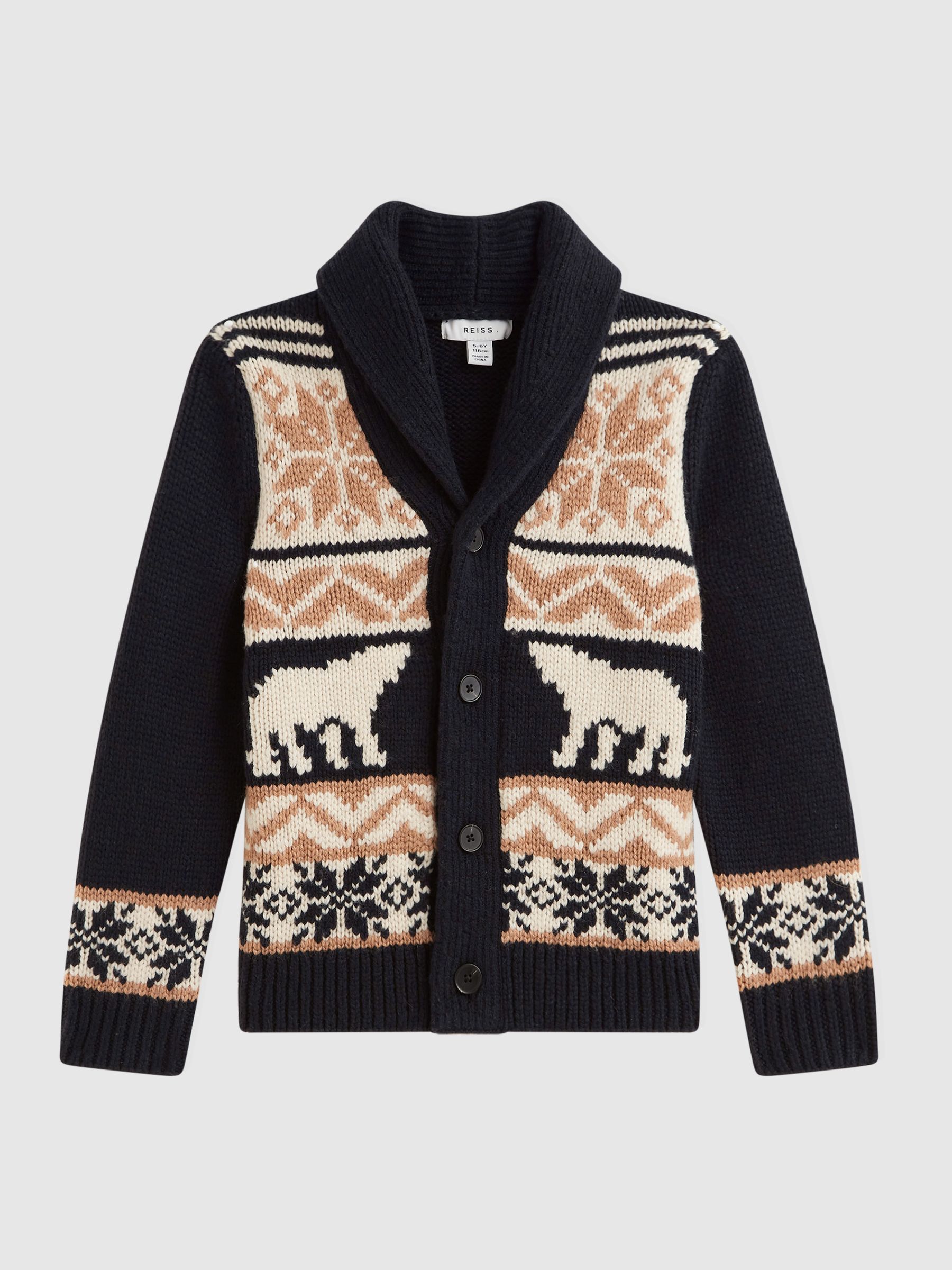 9-14 yrs Knitted Fair Isle Pattern Button Through Cardigan in Navy Multi - Image 2 of 5