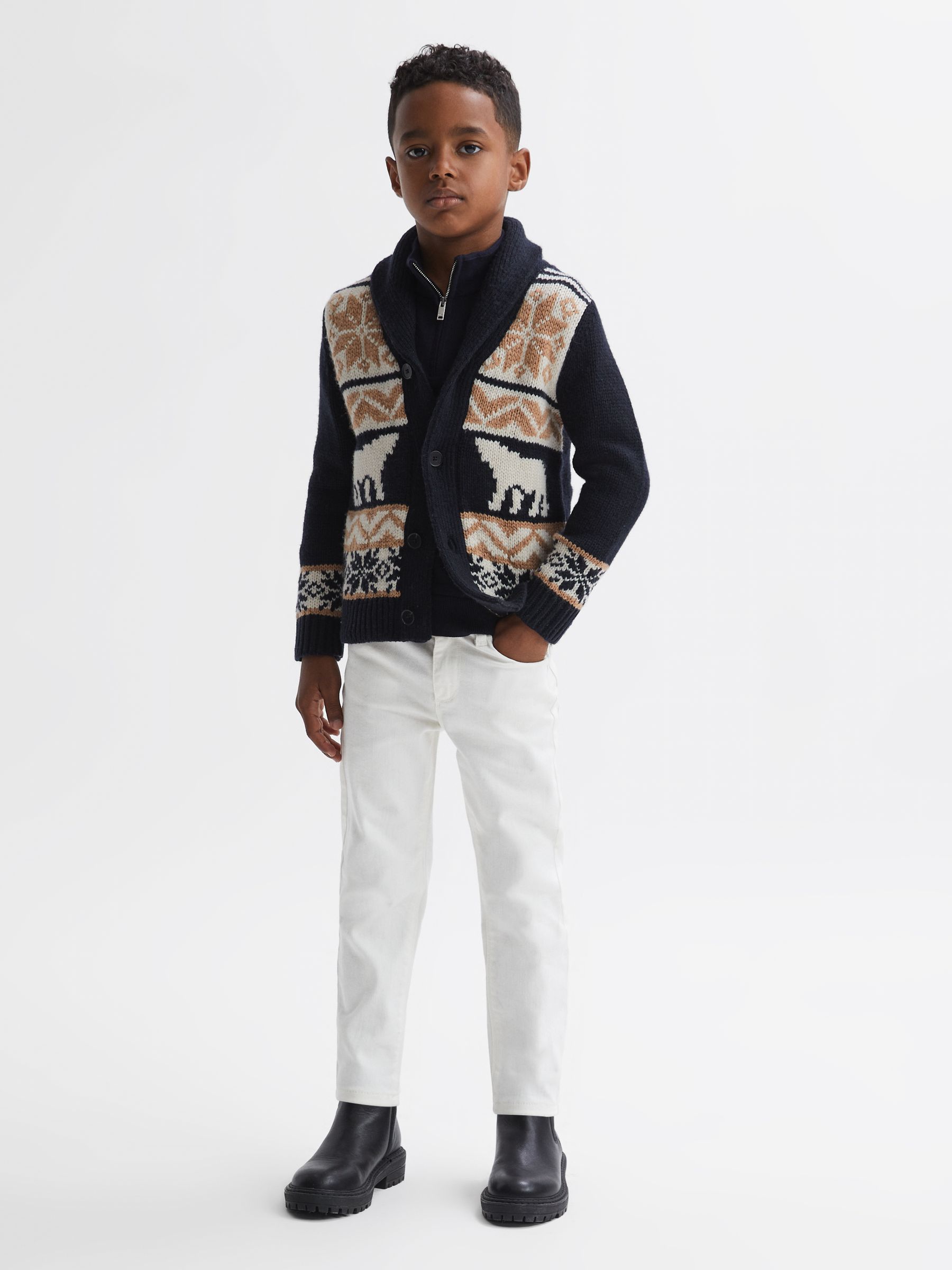 3-9 yrs Knitted Fair Isle Pattern Button Through Cardigan in Navy Multi - Image 3 of 5