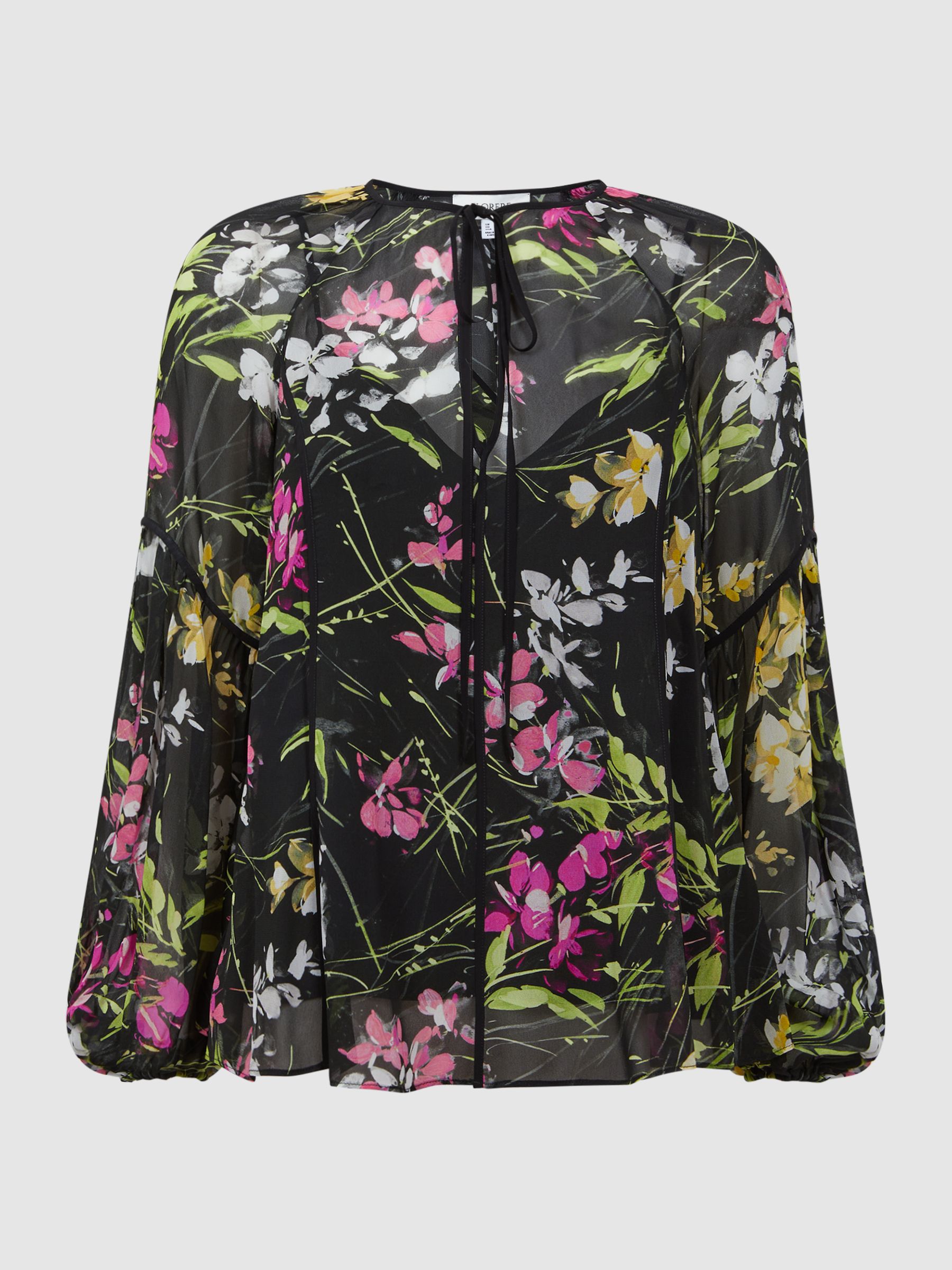 Florere Sheer Floral Tie Neck Blouse in Black - Image 2 of 5