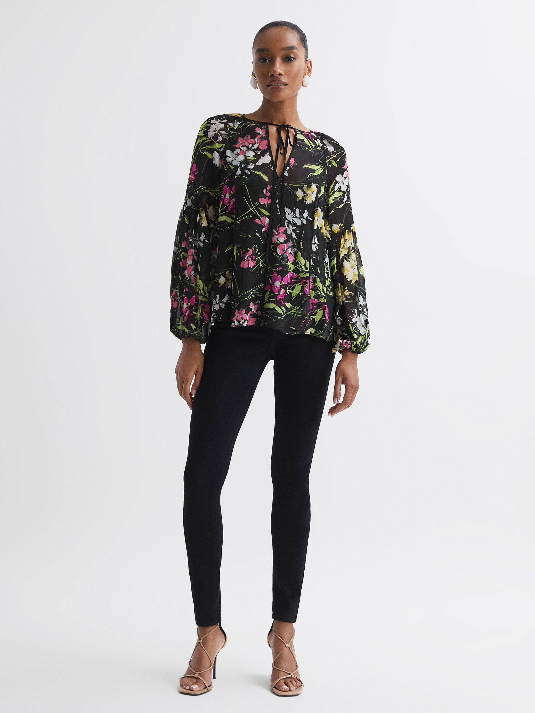 Florere Sheer Floral Tie Neck Blouse in Black - Image 3 of 5