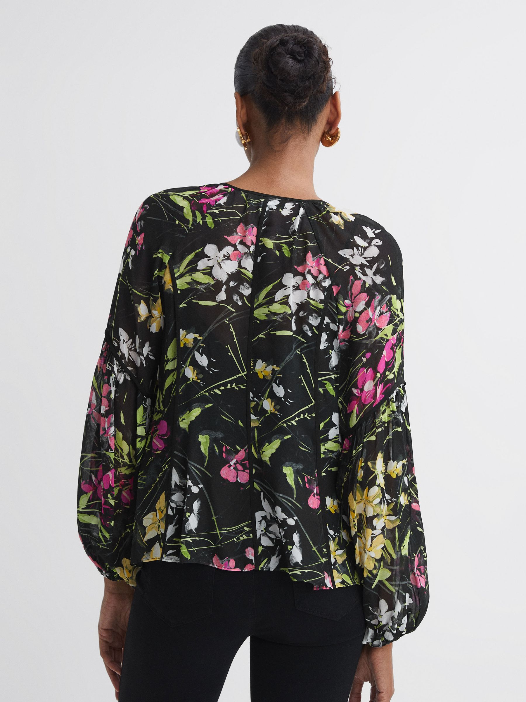 Florere Sheer Floral Tie Neck Blouse in Black - Image 4 of 5