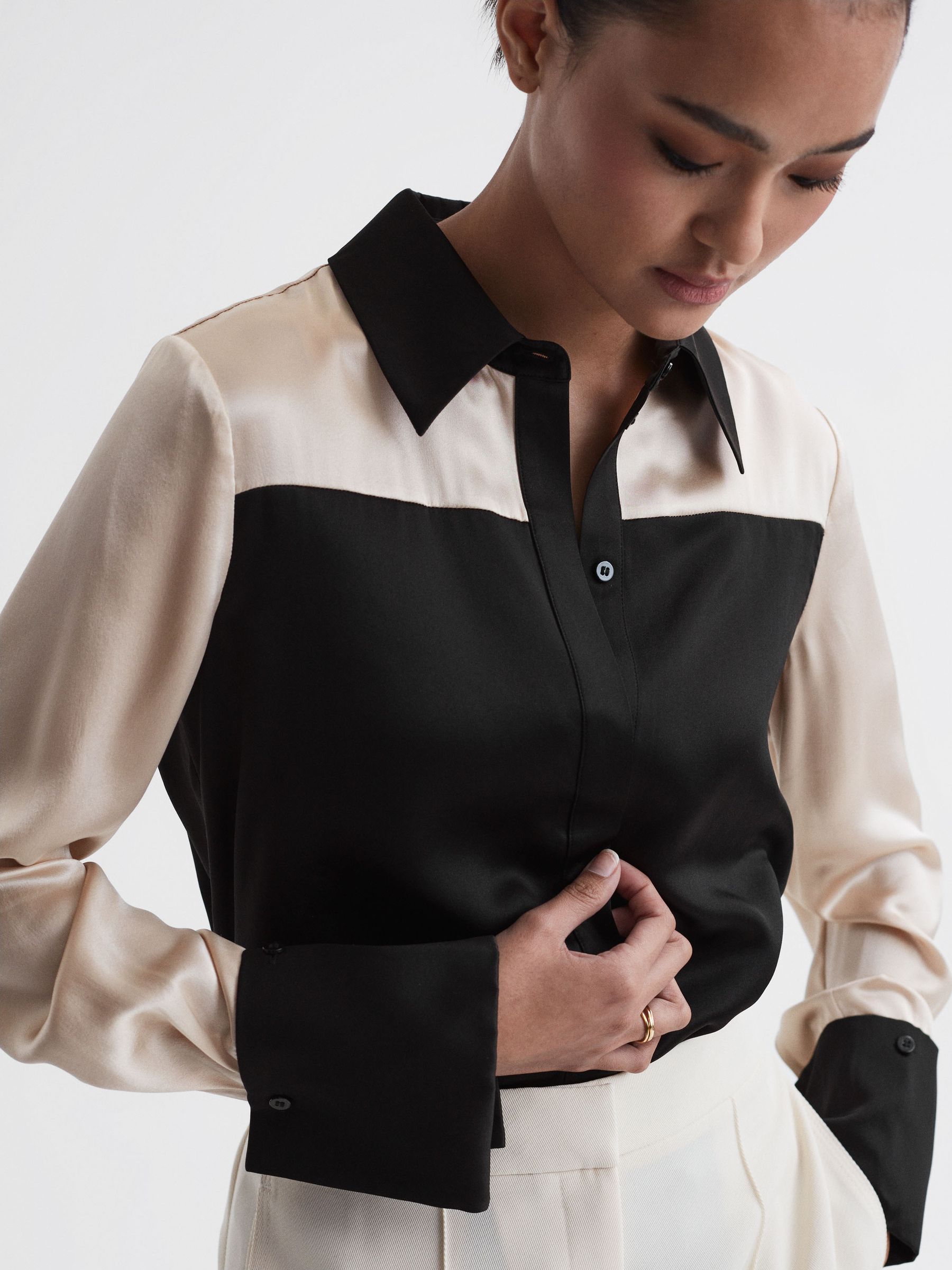 Lorey Black/Champagne Silk Colourblock Shirt - Image 1 of 5