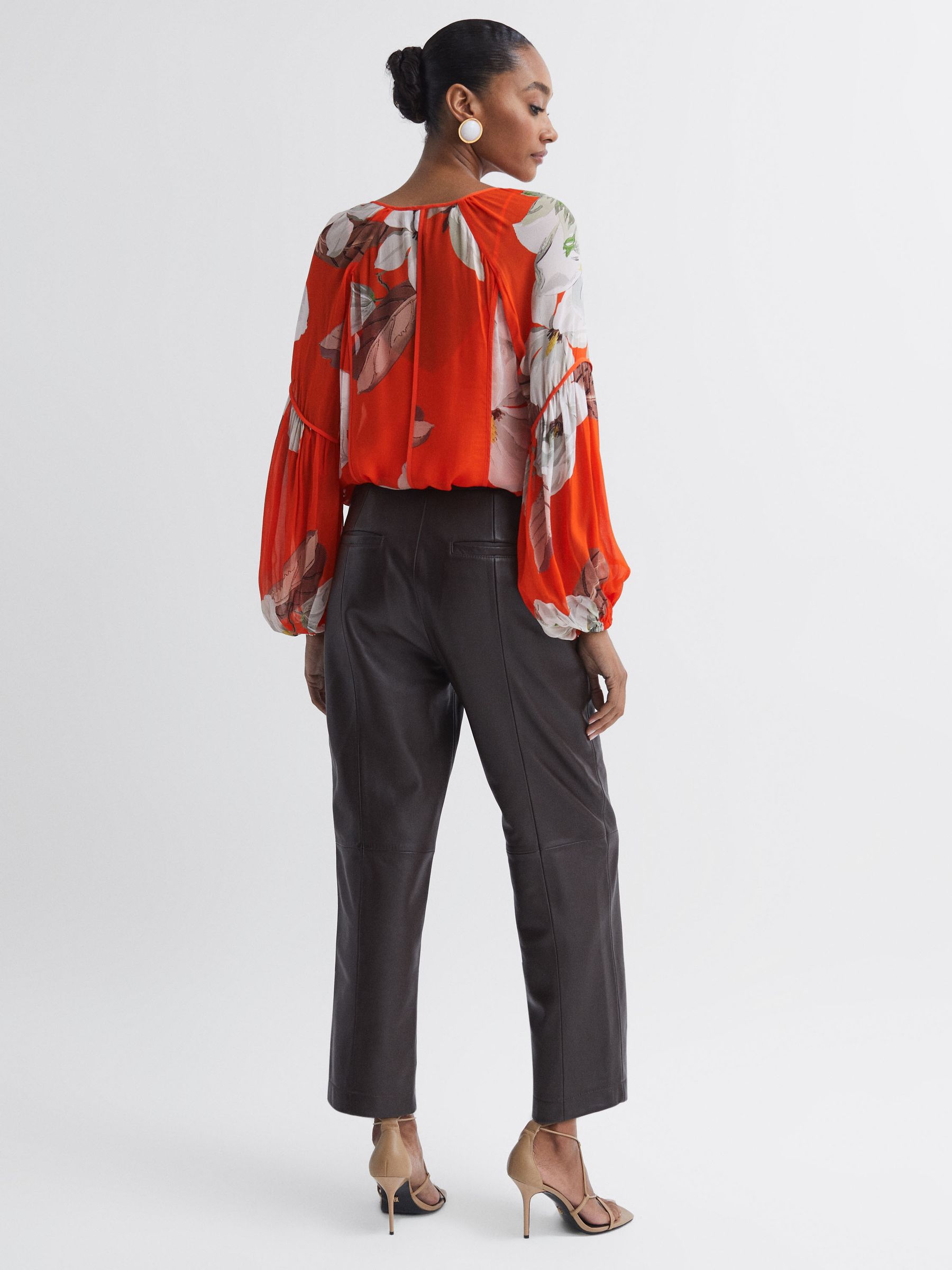 Florere Sheer Floral Tie Neck Blouse in Orange - Image 2 of 5