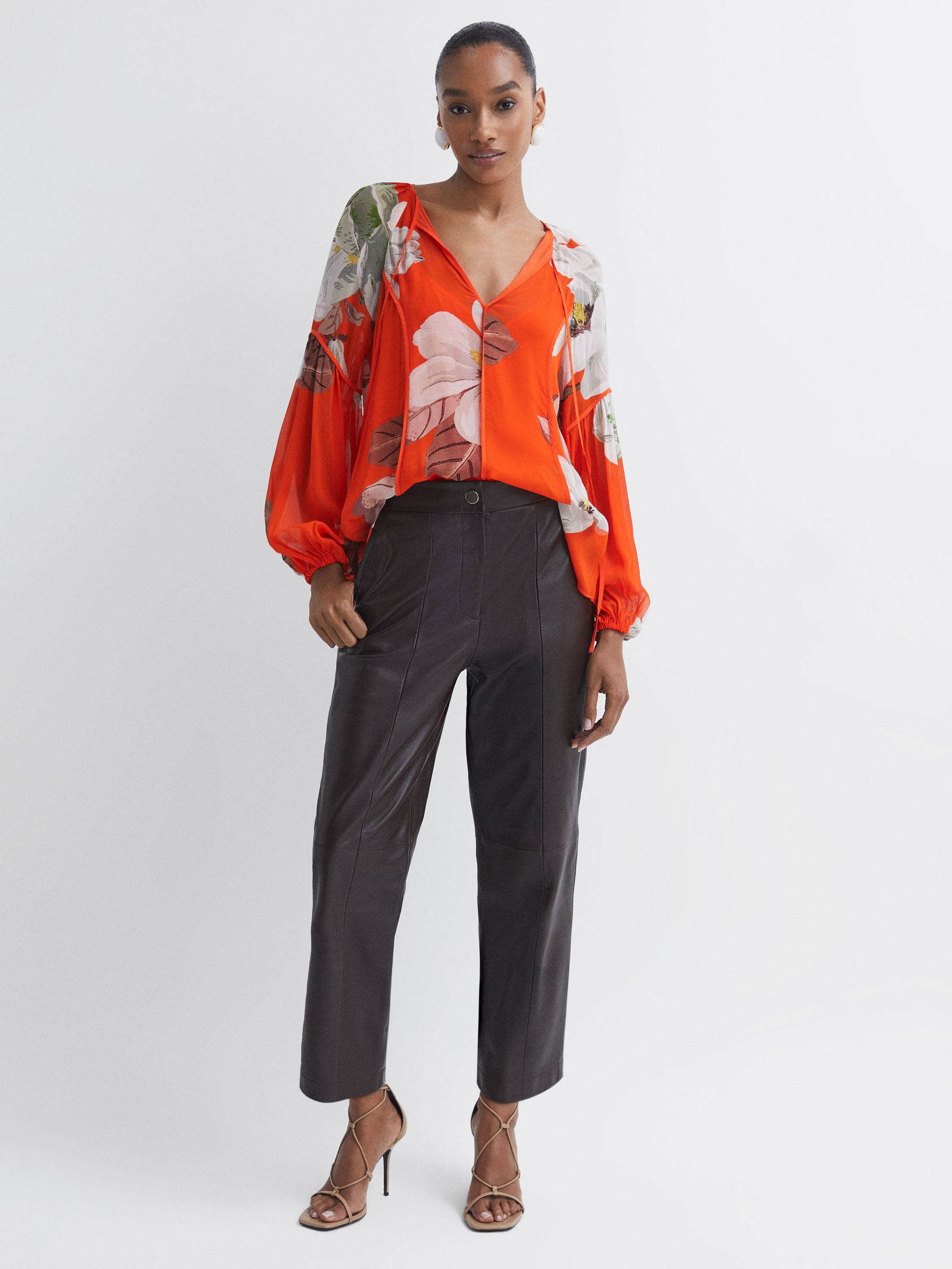 Florere Sheer Floral Tie Neck Blouse in Orange - Image 3 of 5