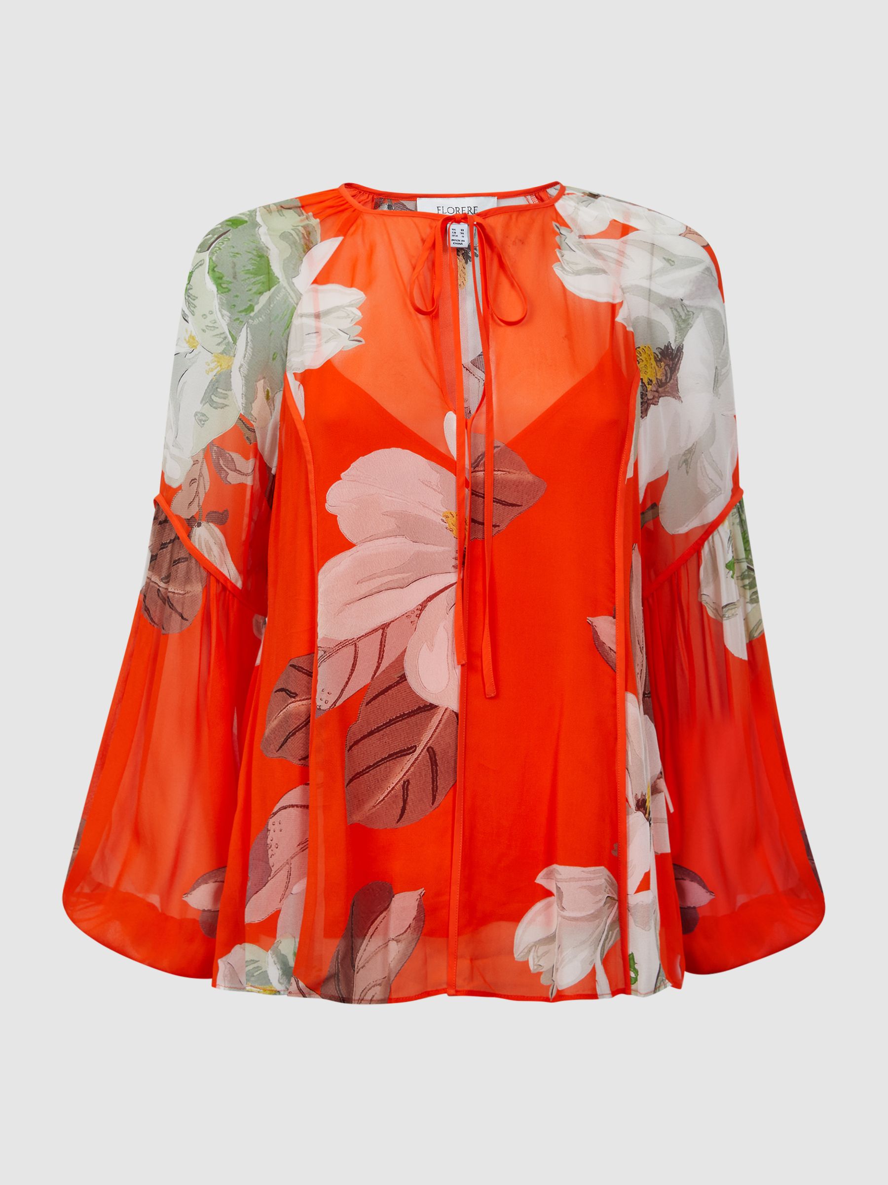 Florere Sheer Floral Tie Neck Blouse in Orange - Image 4 of 5