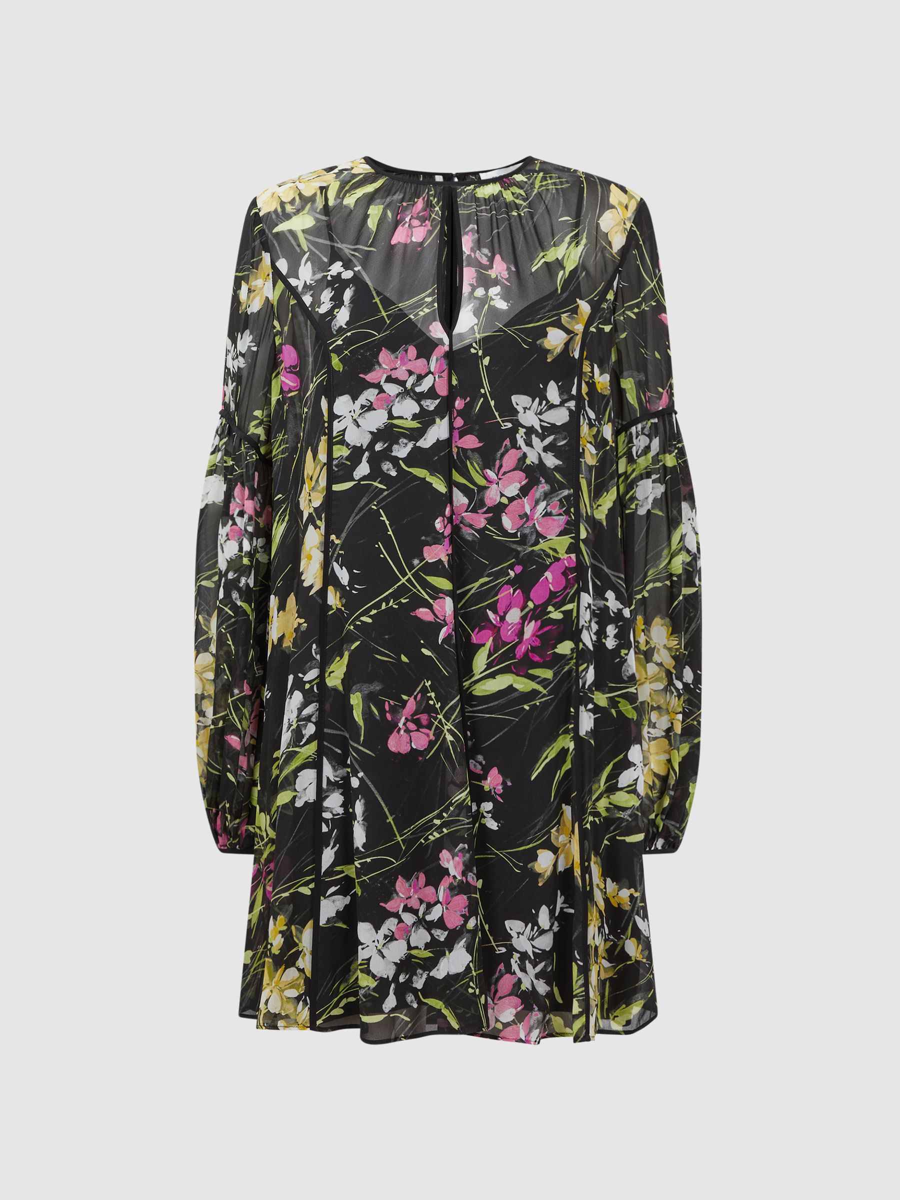 Florere Sheer Floral Mini Dress in Black - Image 2 of 6